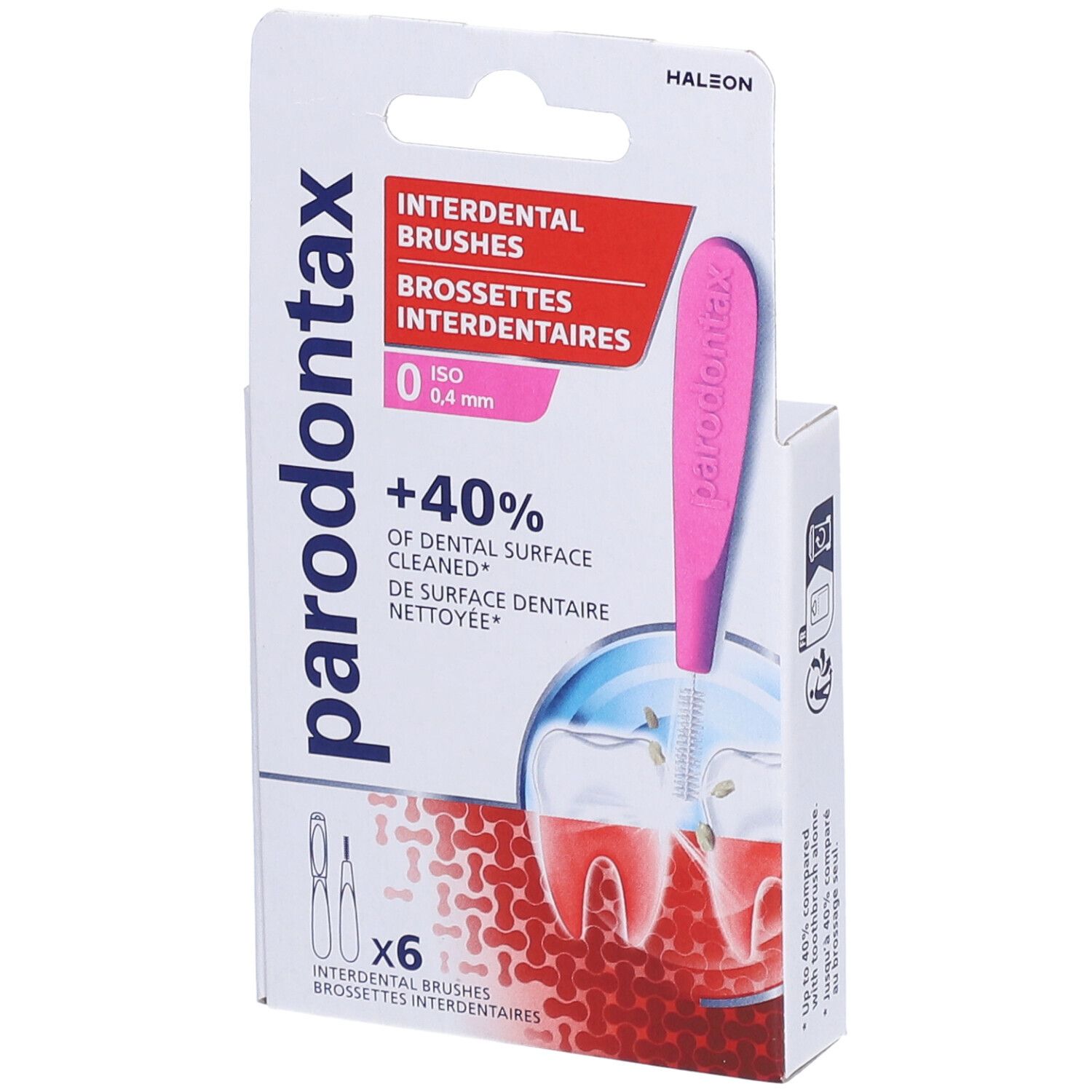 Verpakking met interdentale borstels. Roze handvat, 0,4 mm. Bevat 6 borstels. Merk: parodontax.