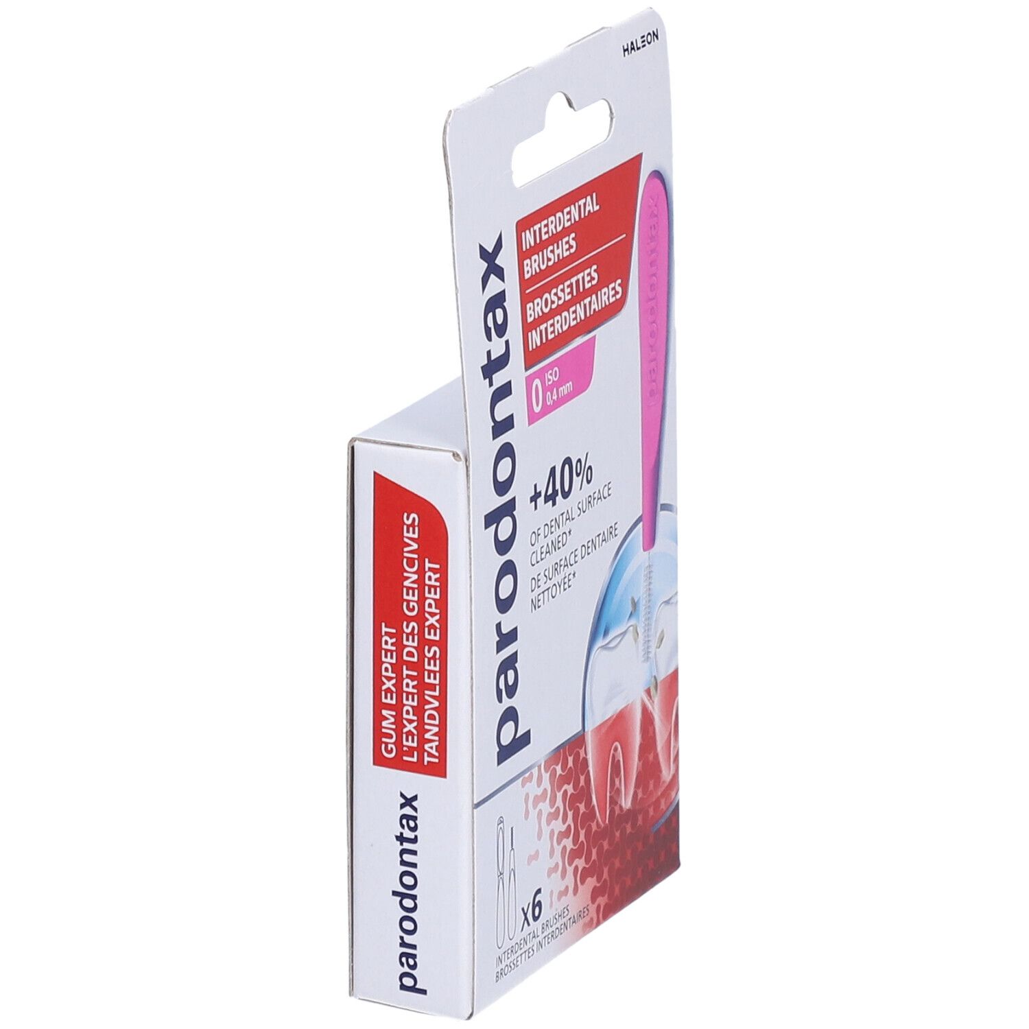 Verpakking met interdentale borstels. Roze handvat, 0,4 mm. Merk: parodontax. Zijaanzicht.