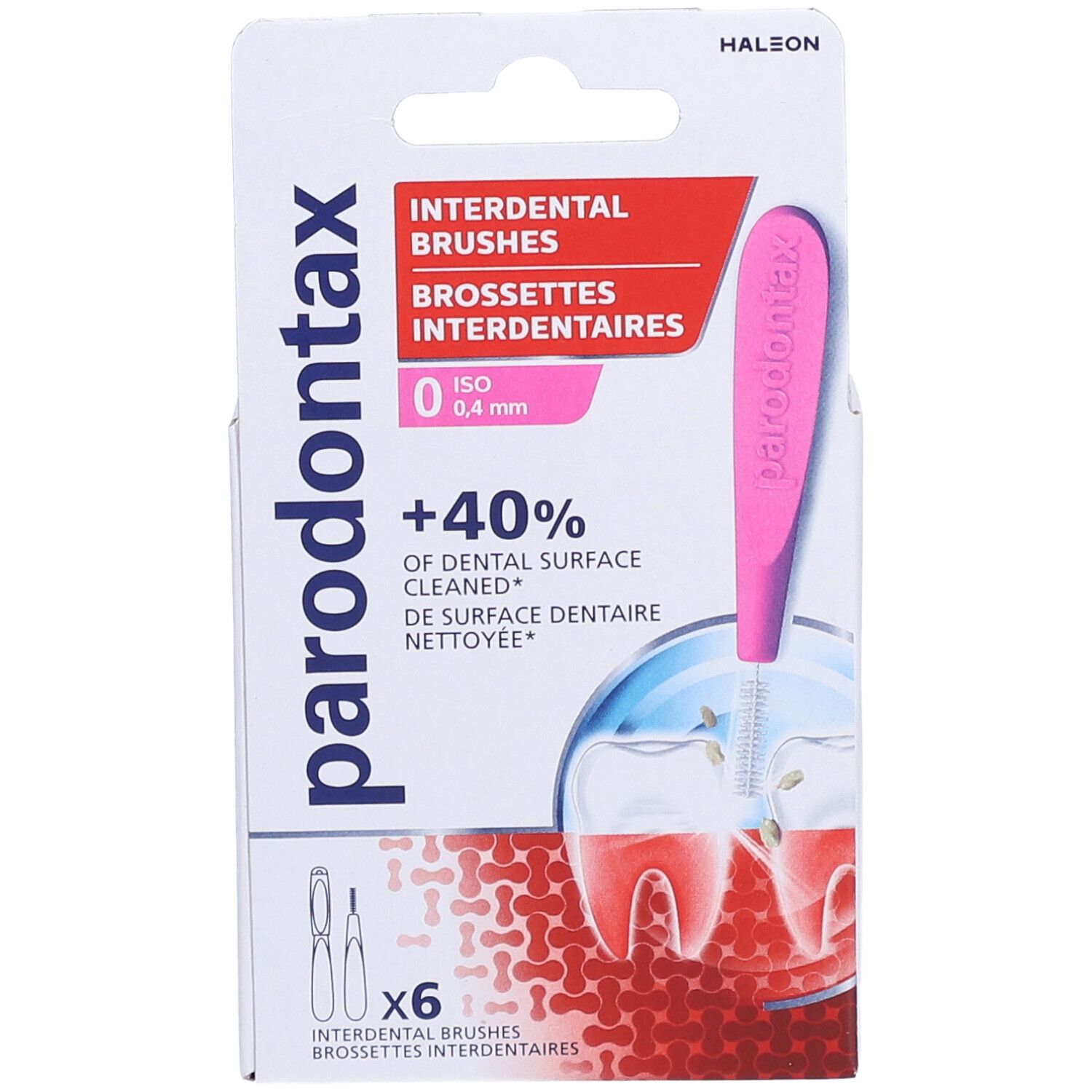 Verpakking met interdentale borstels. Roze handvat, 0,4 mm. Bevat 6 borstels. Merk: parodontax.