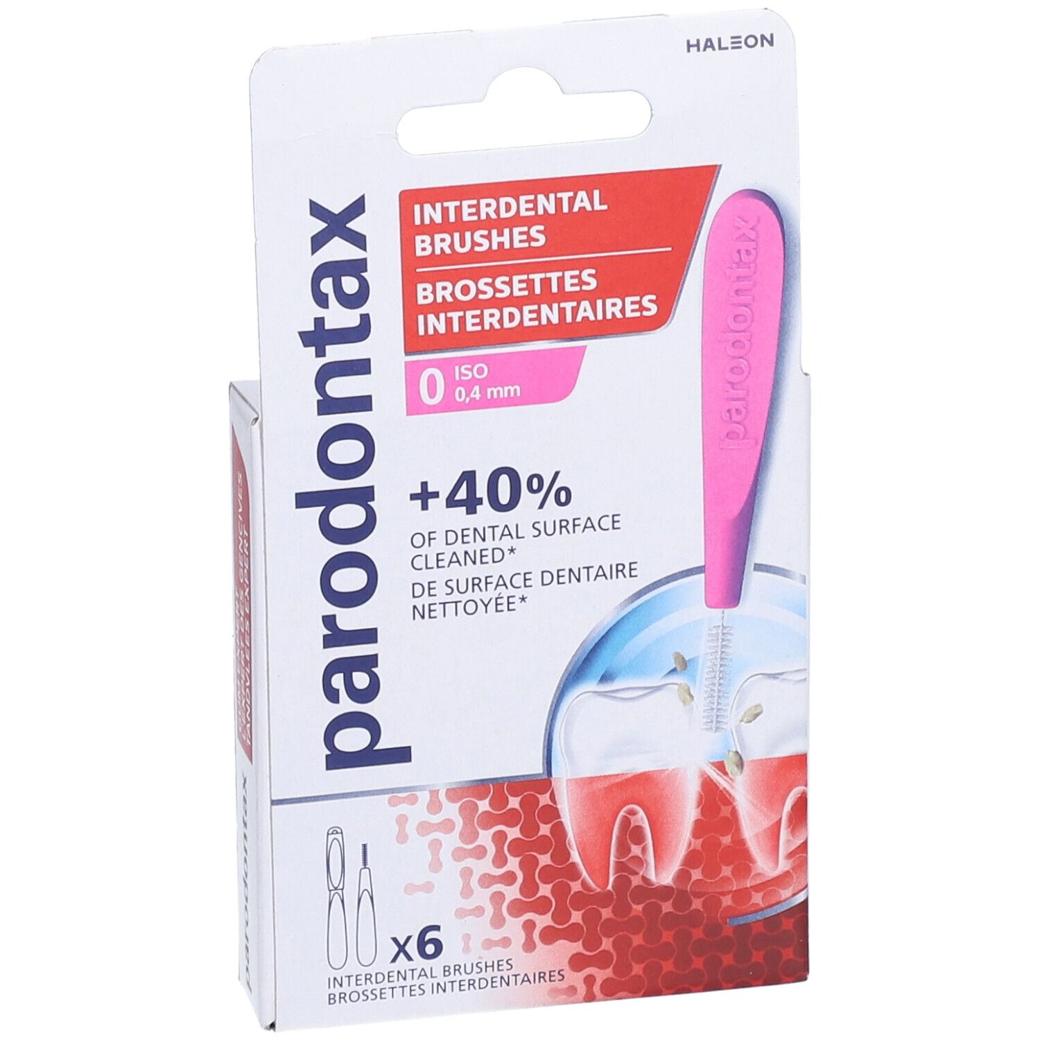 Verpakking met interdentale borstels. Roze handvat, 0,4 mm. Bevat 6 borstels. Merk: parodontax.