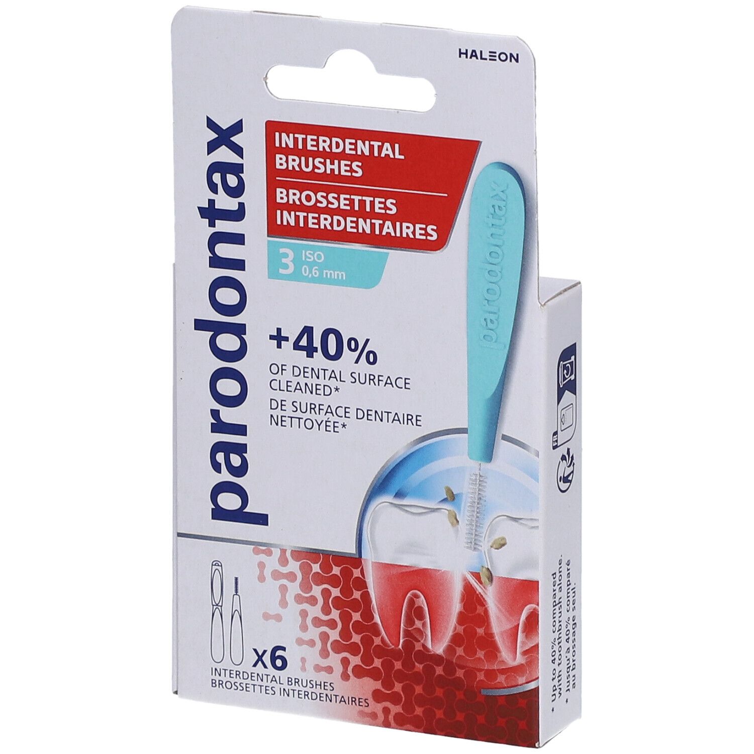 Emballage de brossettes interdentaires. Marque: Parodontax. 6 unités. 0,6 mm. Brosse bleue dans la boîte.