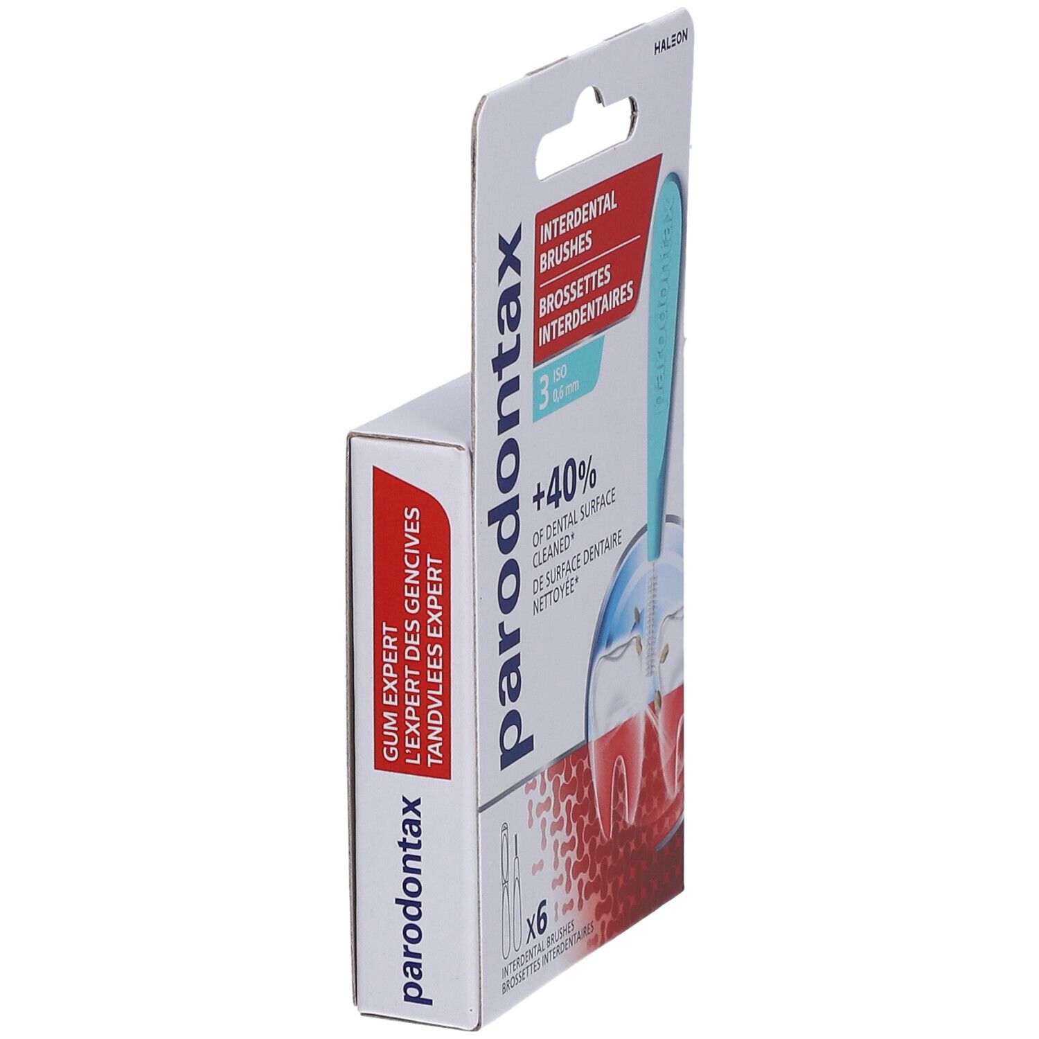 Vue latérale de l'emballage de brossettes interdentaires. Marque: Parodontax. Texte: Gum Expert.