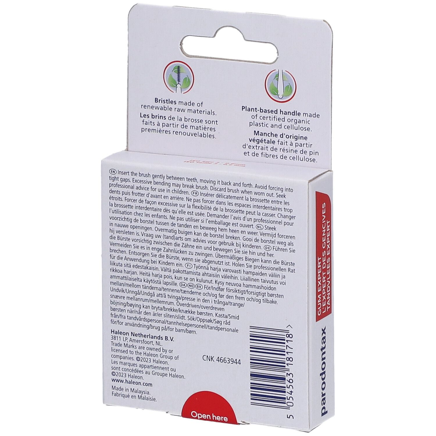 Dos de l'emballage avec informations sur les brossettes interdentaires. Texte et pictogrammes.