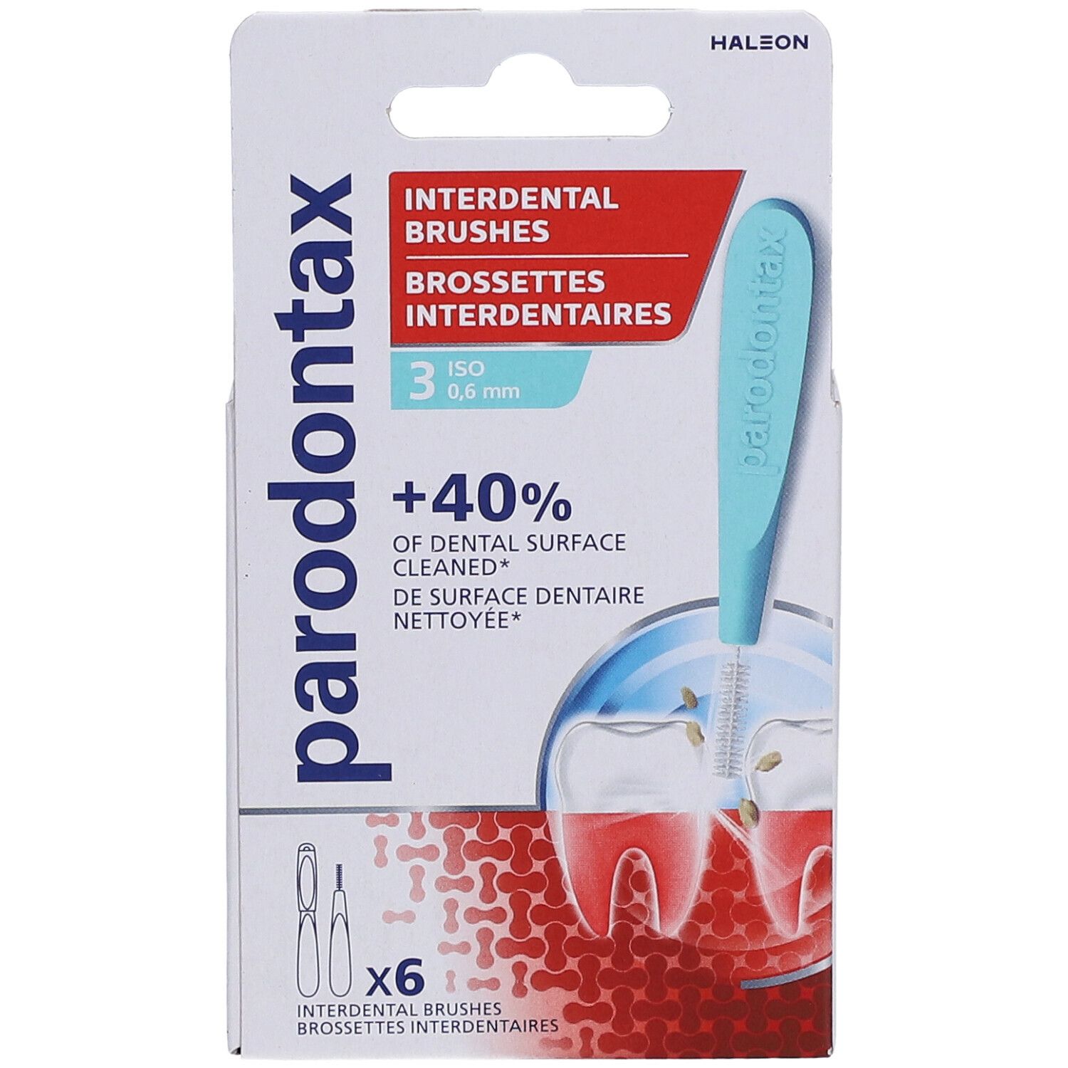 Emballage de brossettes interdentaires. Marque: Parodontax. 6 unités. 0,6 mm. Brosse bleue dans la boîte.