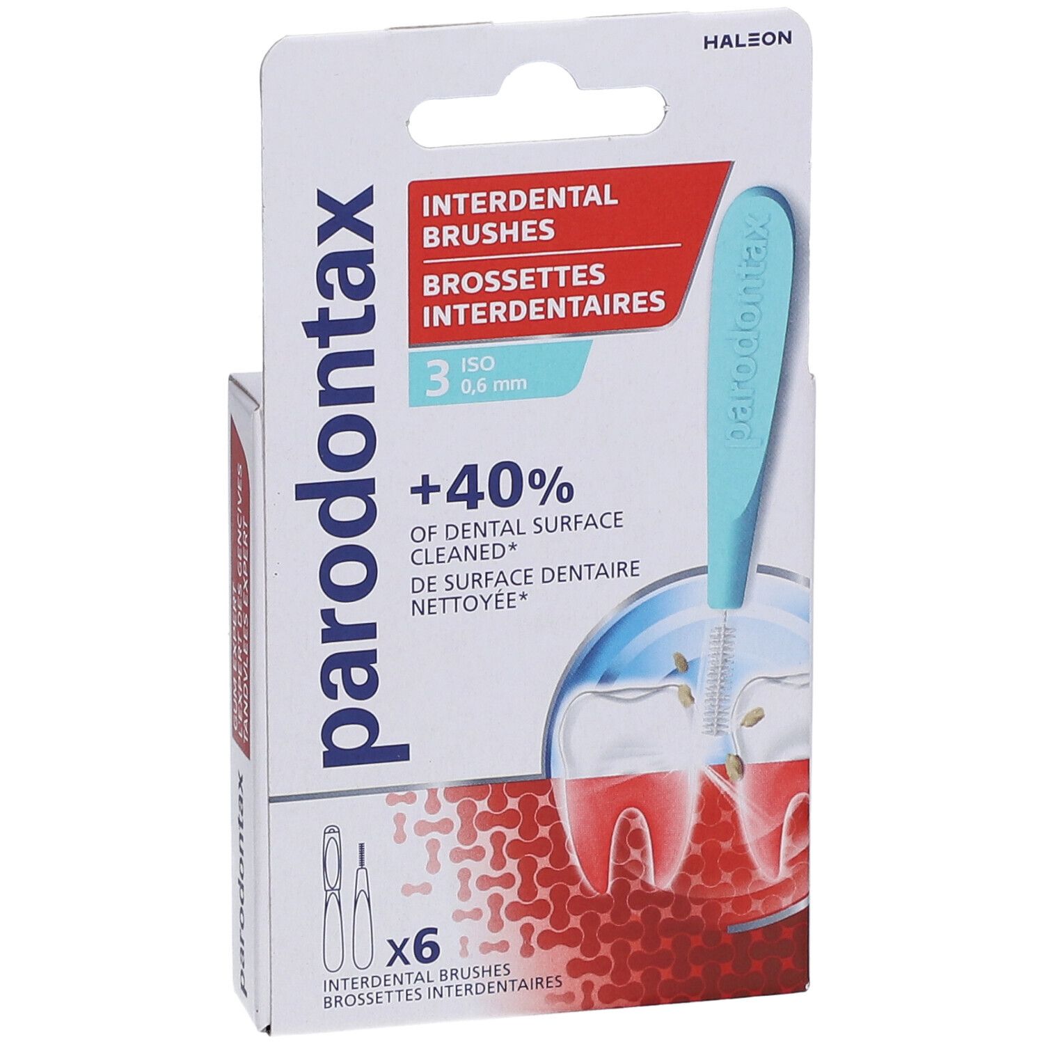 Emballage de brossettes interdentaires. Marque: Parodontax. 6 unités. 0,6 mm. Brosse bleue dans la boîte.
