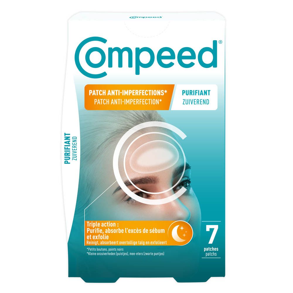 Compeed® Patch anti-imperfections. 7 patchs. Emballage avec image du produit et texte.