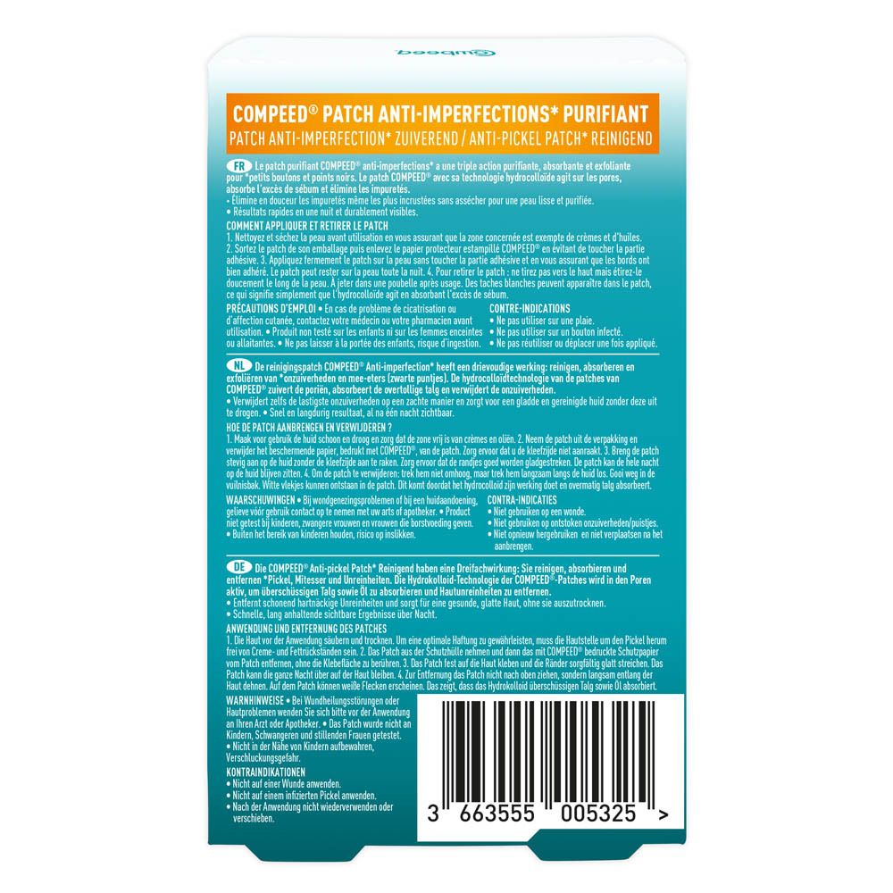 Dos de l'emballage des patchs anti-imperfections Compeed®. Texte en plusieurs langues.