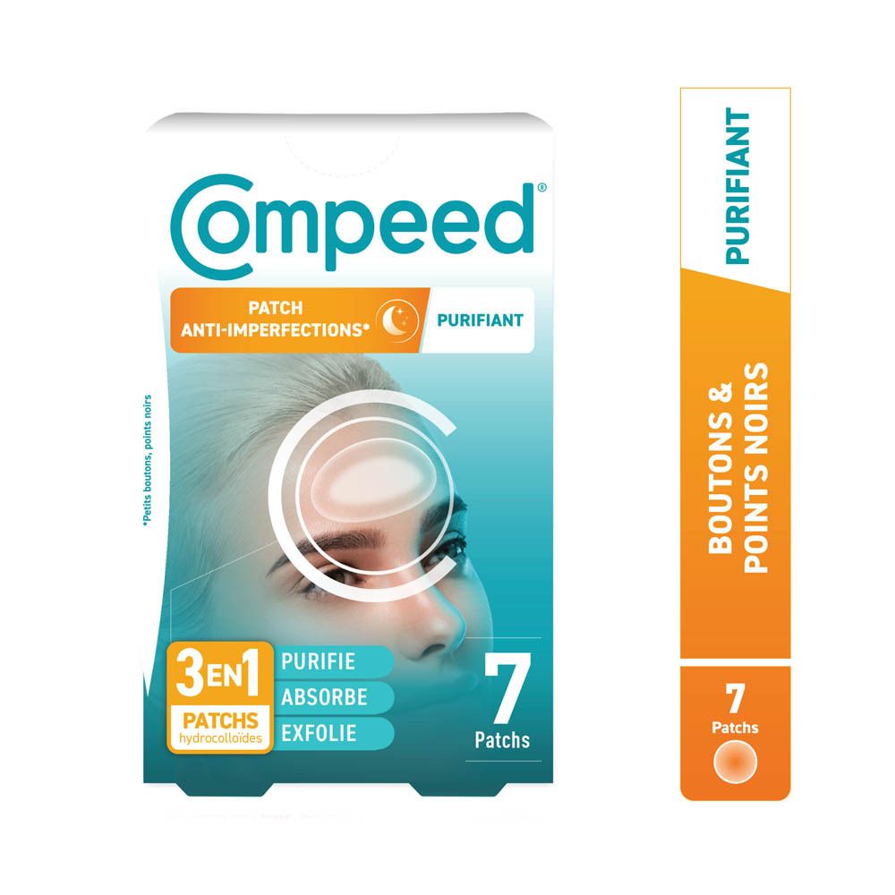 Compeed® Patch anti-imperfections. 7 patchs. Emballage avec image du produit et texte.