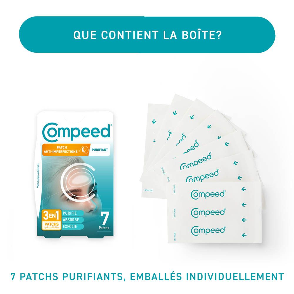 Compeed® Patch anti-imperfections. 7 patchs. Emballage avec image du produit et texte.