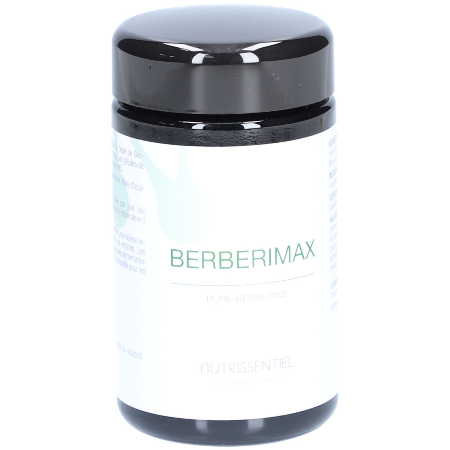 Flacon noir avec étiquette blanche. Inscription: BERBERIMAX, Pure Berberine. En dessous: Nutrissentiel.