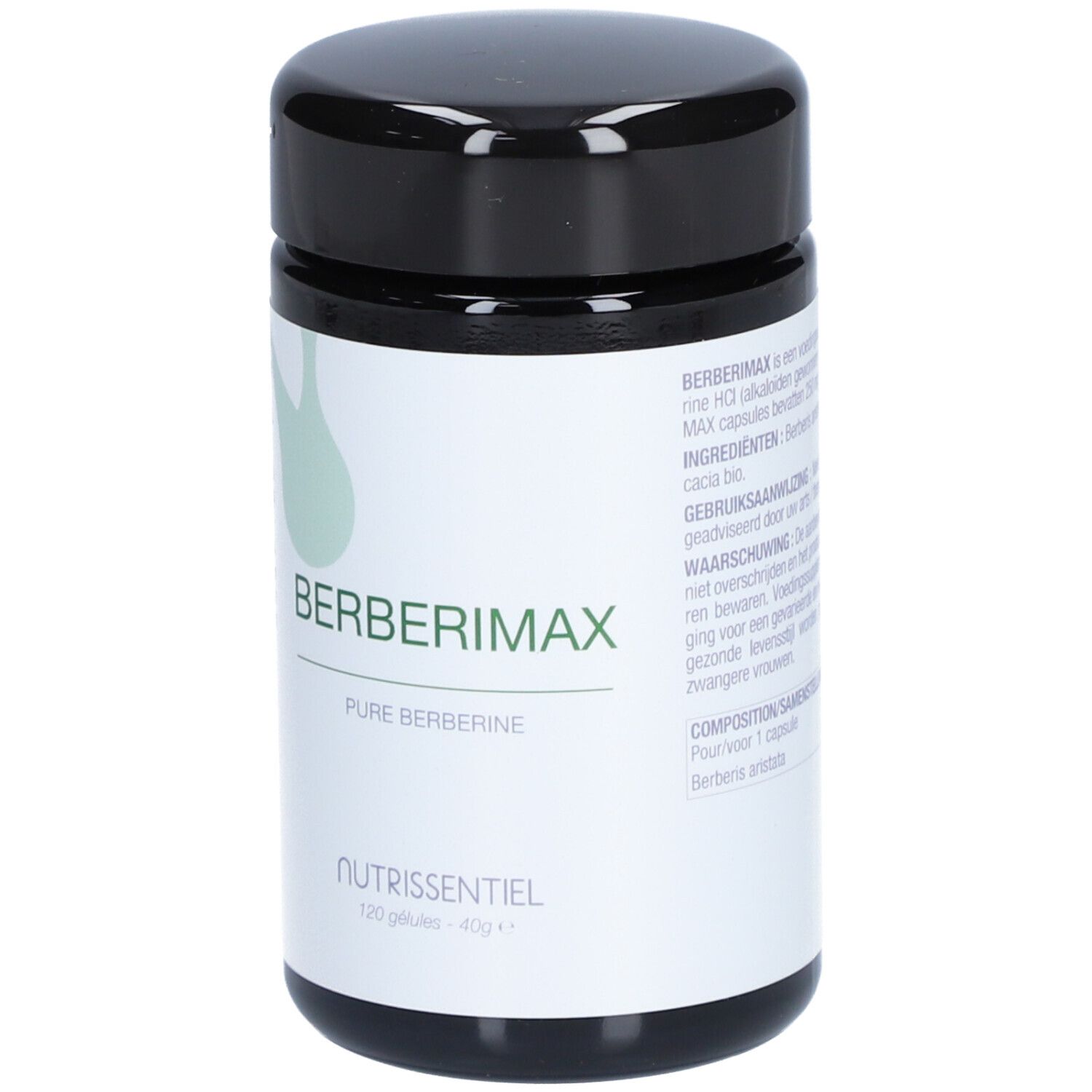 Flacon noir avec étiquette blanche. Inscription: BERBERIMAX, Pure Berberine. En dessous: Nutrissentiel, 120 gélules - 40g e.