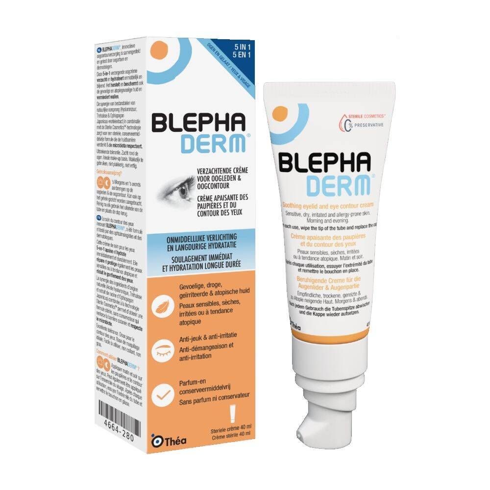 Emballage et tube de crème BLEPHADERM. Blanc, avec texte bleu et orange. Avec applicateur.