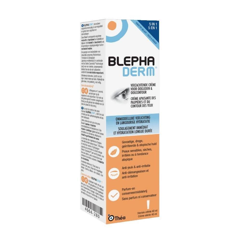Emballage de crème BLEPHADERM. Blanc, avec texte bleu et orange. Avec illustration d'œil.