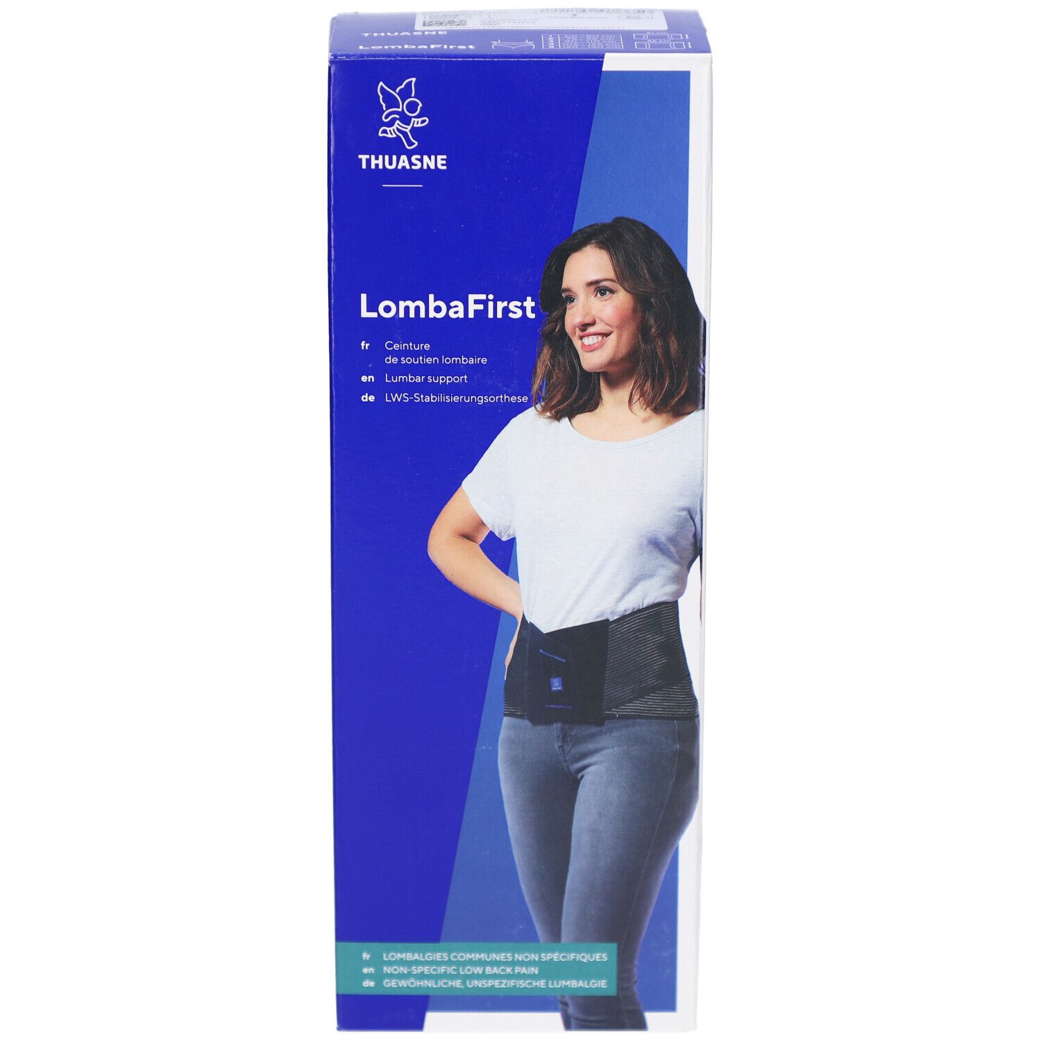 Verpackung der Thuasne LombaFirst H26. Eine Frau trägt das Produkt. Produktname und Logo sind sichtbar.