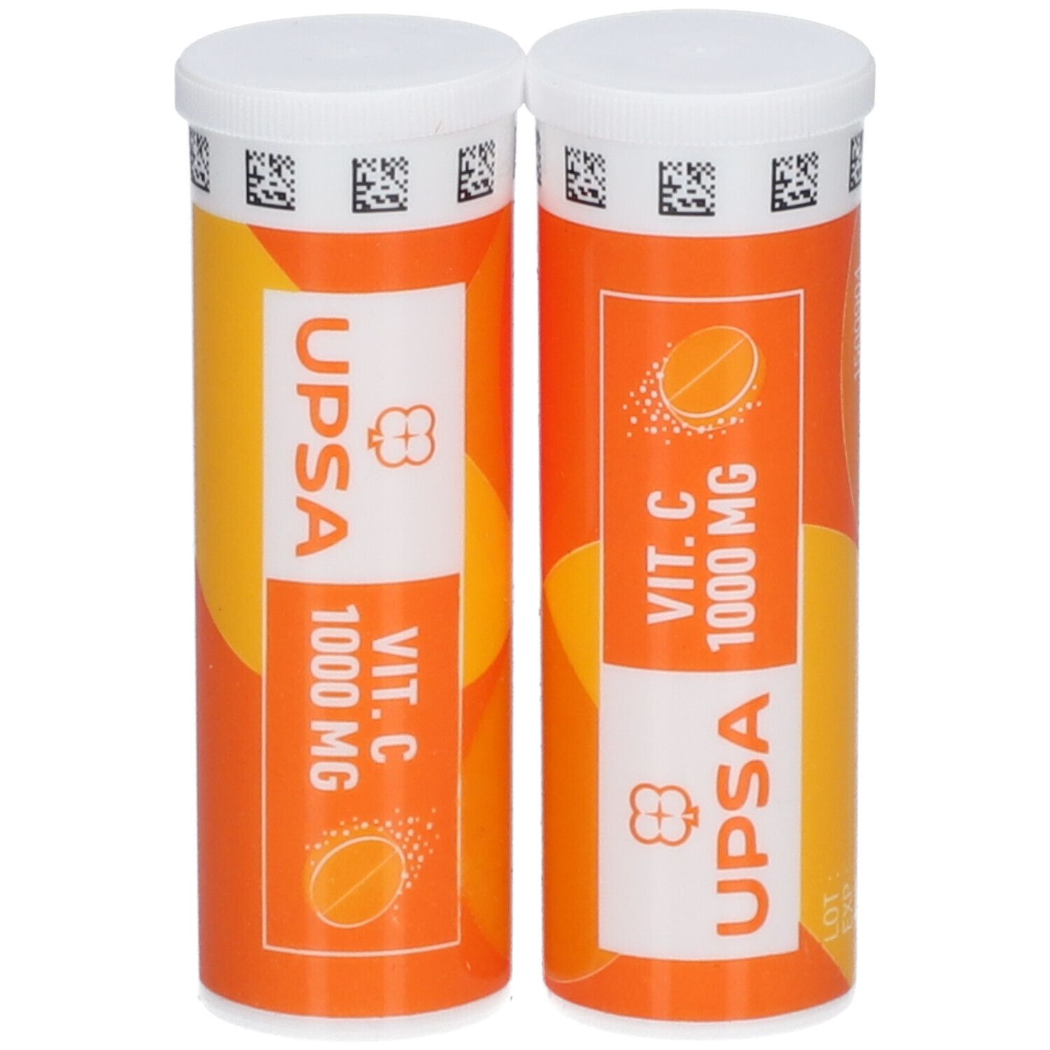 Deux tubes UPSA-C Vitamine C 1000 mg. Emballage orange avec couvercle blanc. Inscription : Vit. C 1000 mg.