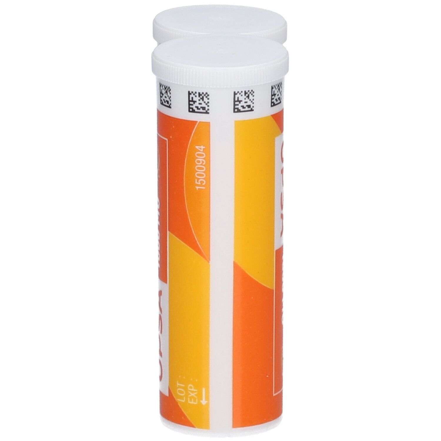 Deux tubes UPSA-C Vitamine C 1000 mg. Emballage orange avec couvercle blanc. Inscription : Vit. C 1000 mg.