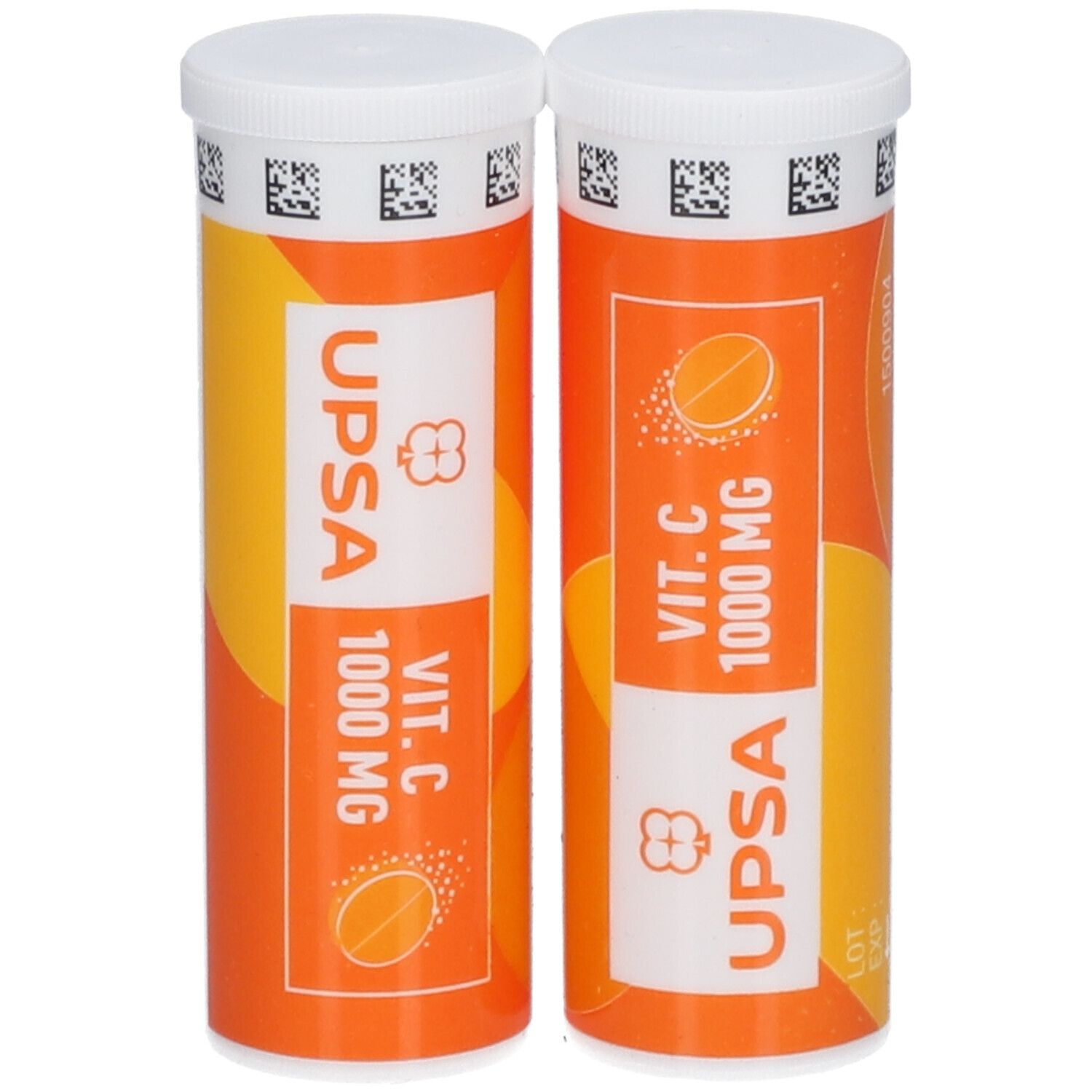 Deux tubes UPSA-C Vitamine C 1000 mg. Emballage orange avec couvercle blanc. Inscription : Vit. C 1000 mg.