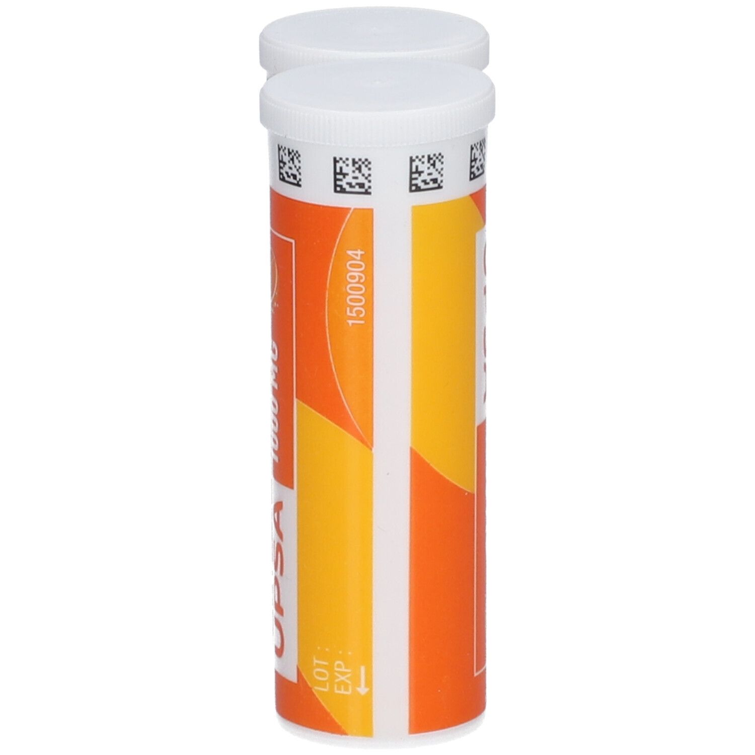 Deux tubes UPSA-C Vitamine C 1000 mg. Emballage orange avec couvercle blanc. Inscription : Vit. C 1000 mg.