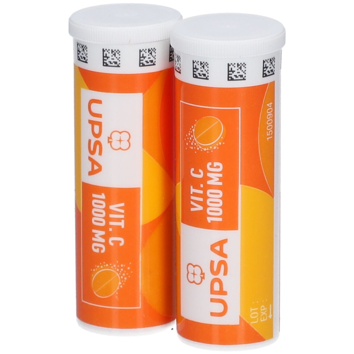 Deux tubes UPSA-C Vitamine C 1000 mg. Emballage orange avec couvercle blanc. Inscription : Vit. C 1000 mg.