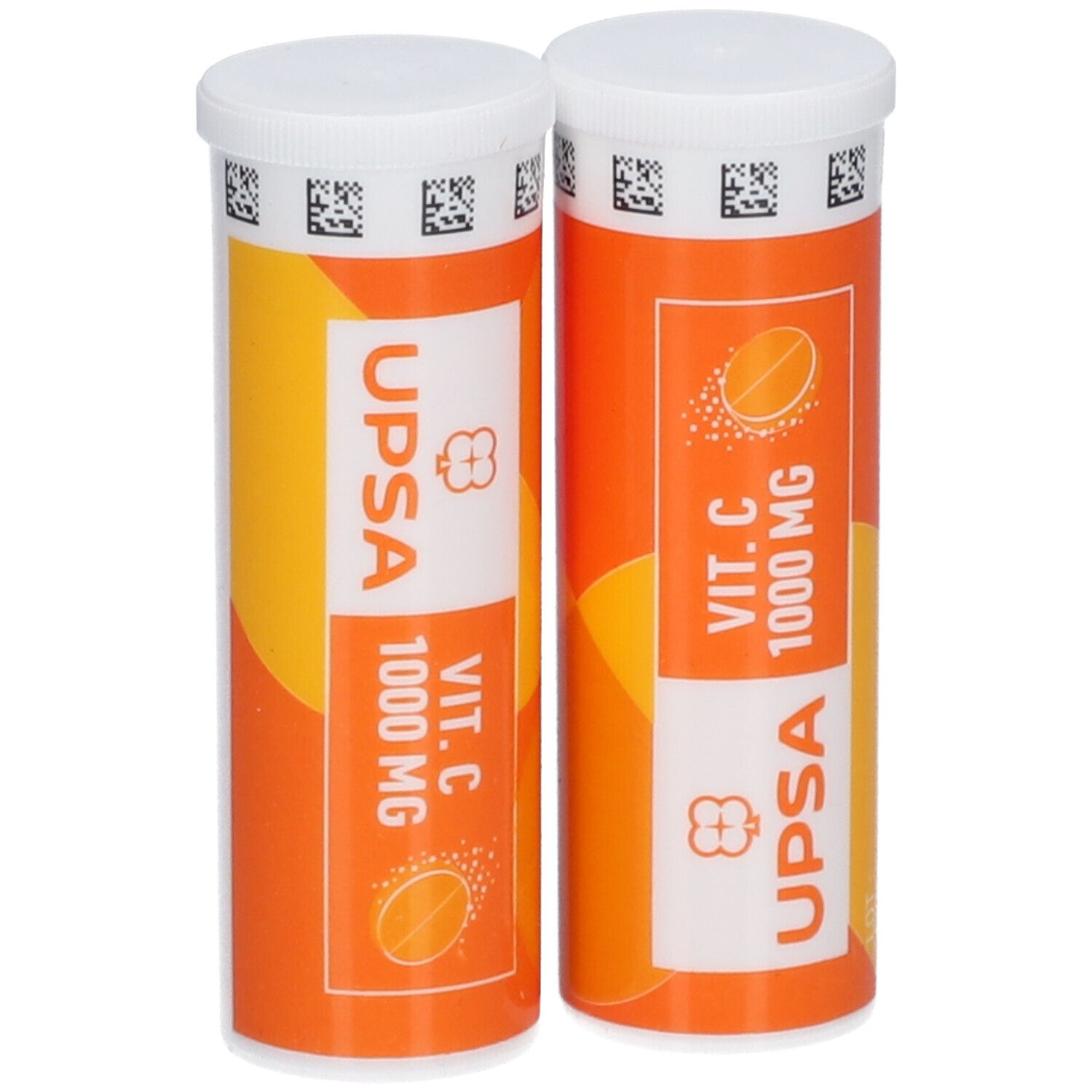 Deux tubes UPSA-C Vitamine C 1000 mg. Emballage orange avec couvercle blanc. Inscription : Vit. C 1000 mg.