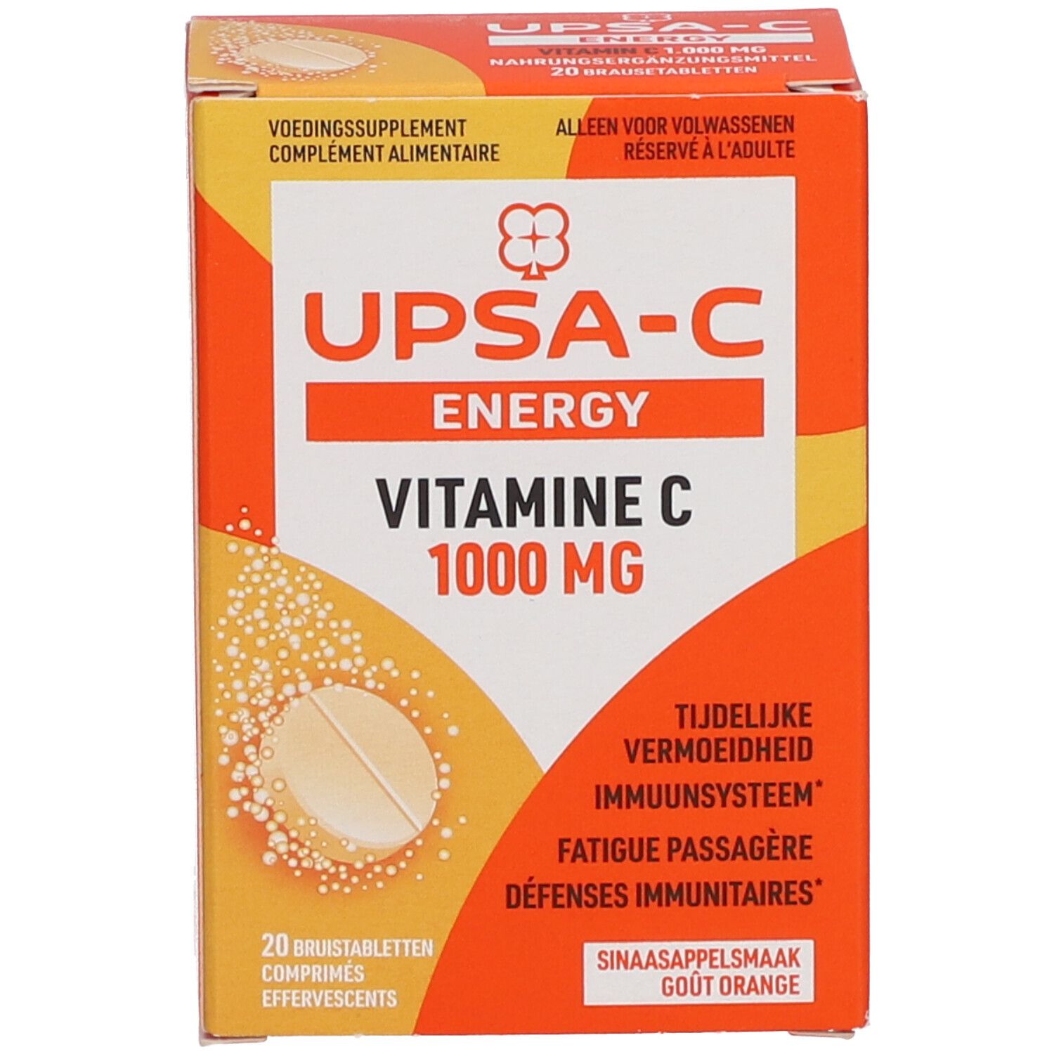 Boîte UPSA-C Energy Vitamine C 1000 mg. Orange. Inscription : Vitamine C, 1000 mg, Goût Orange.