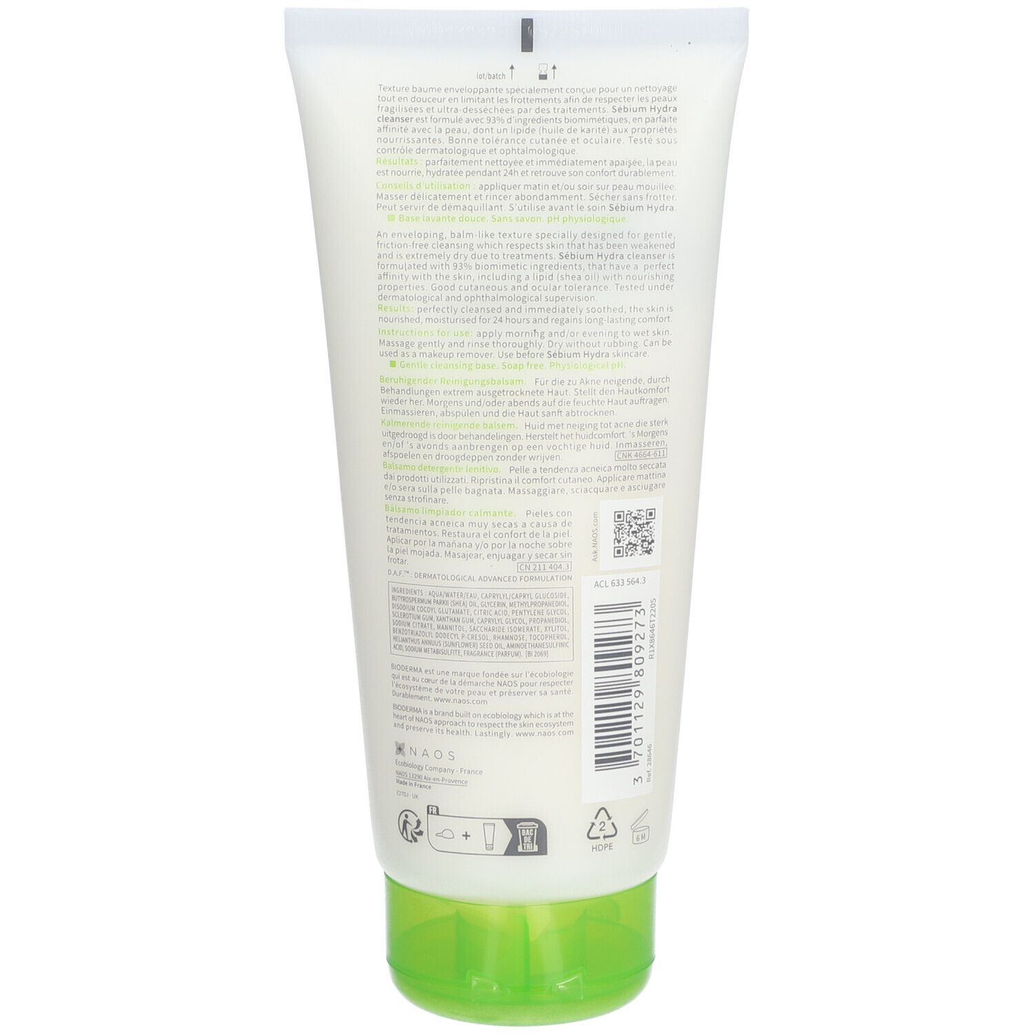 Dos du tube BIODERMA Sébium Hydra cleanser. Texte multilingue. Bouchon vert.