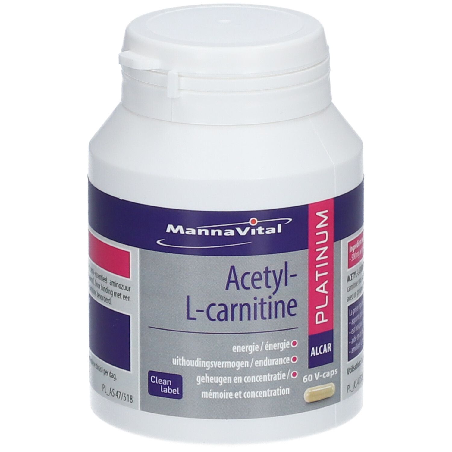 Weißes Fläschchen mit Schraubverschluss. Aufschrift: Mannavital Acetyl-L-Carnitin, Platinum. Enthält 60 V-Caps. Clean Label.