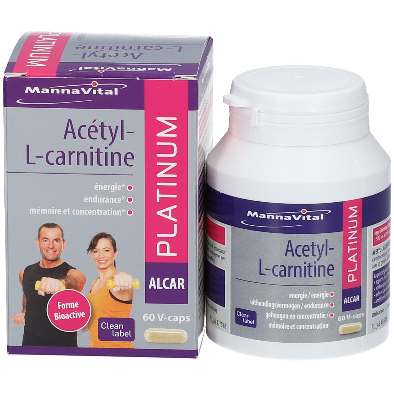 Produktpackung und Fläschchen. Aufschrift: Mannavital Acetyl-L-Carnitin, Platinum. Enthält 60 V-Caps. Abgebildet sind zwei Personen.