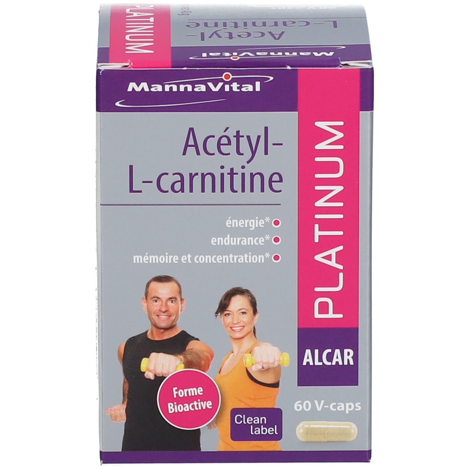 Produktpackung. Aufschrift: Mannavital Acetyl-L-Carnitin, Platinum. Enthält 60 V-Caps. Abgebildet sind zwei Personen.