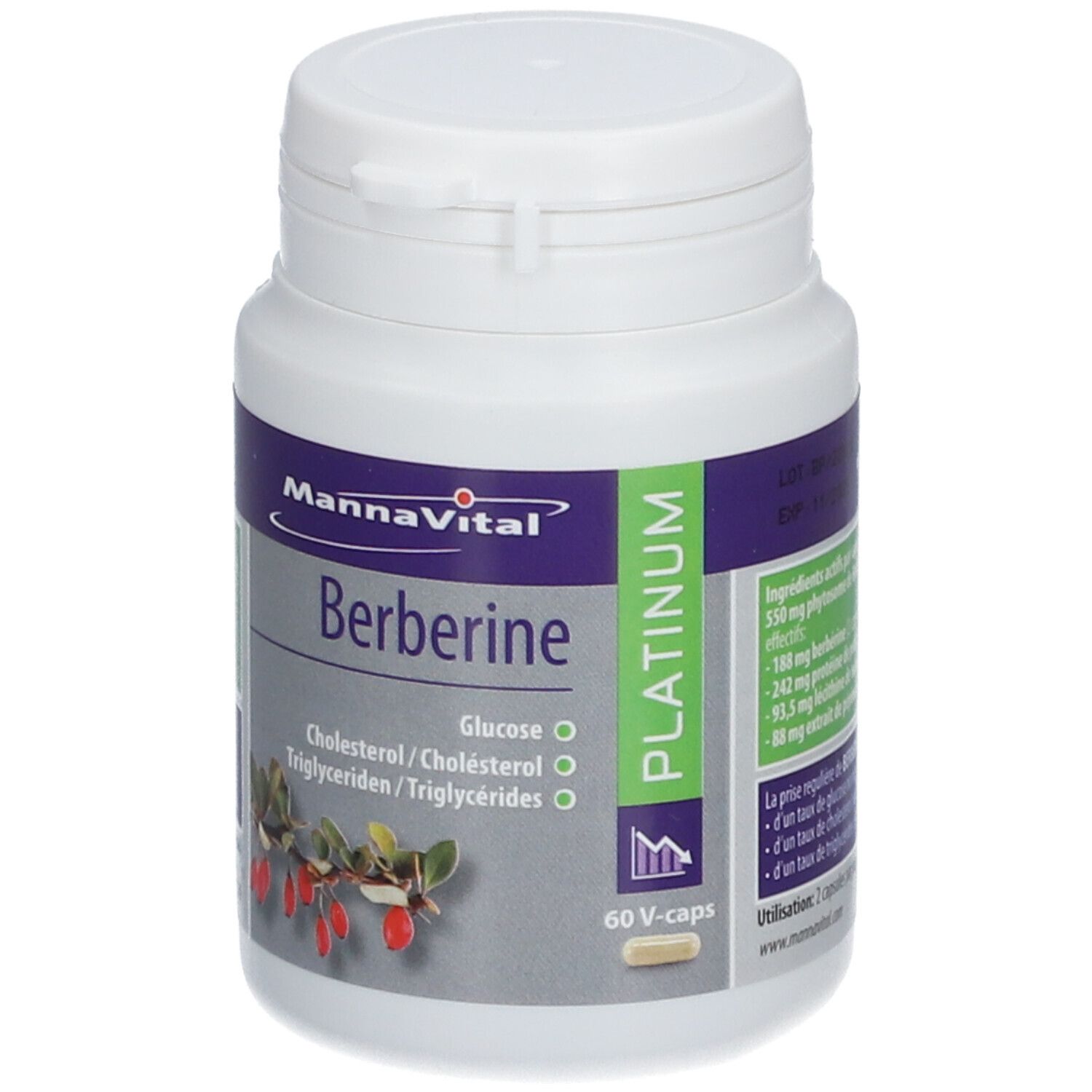 Witte fles MANNAVITAL Berberine. Opschrift: Berberine, Platinum, 60 V-caps. Groen-grijs etiket.