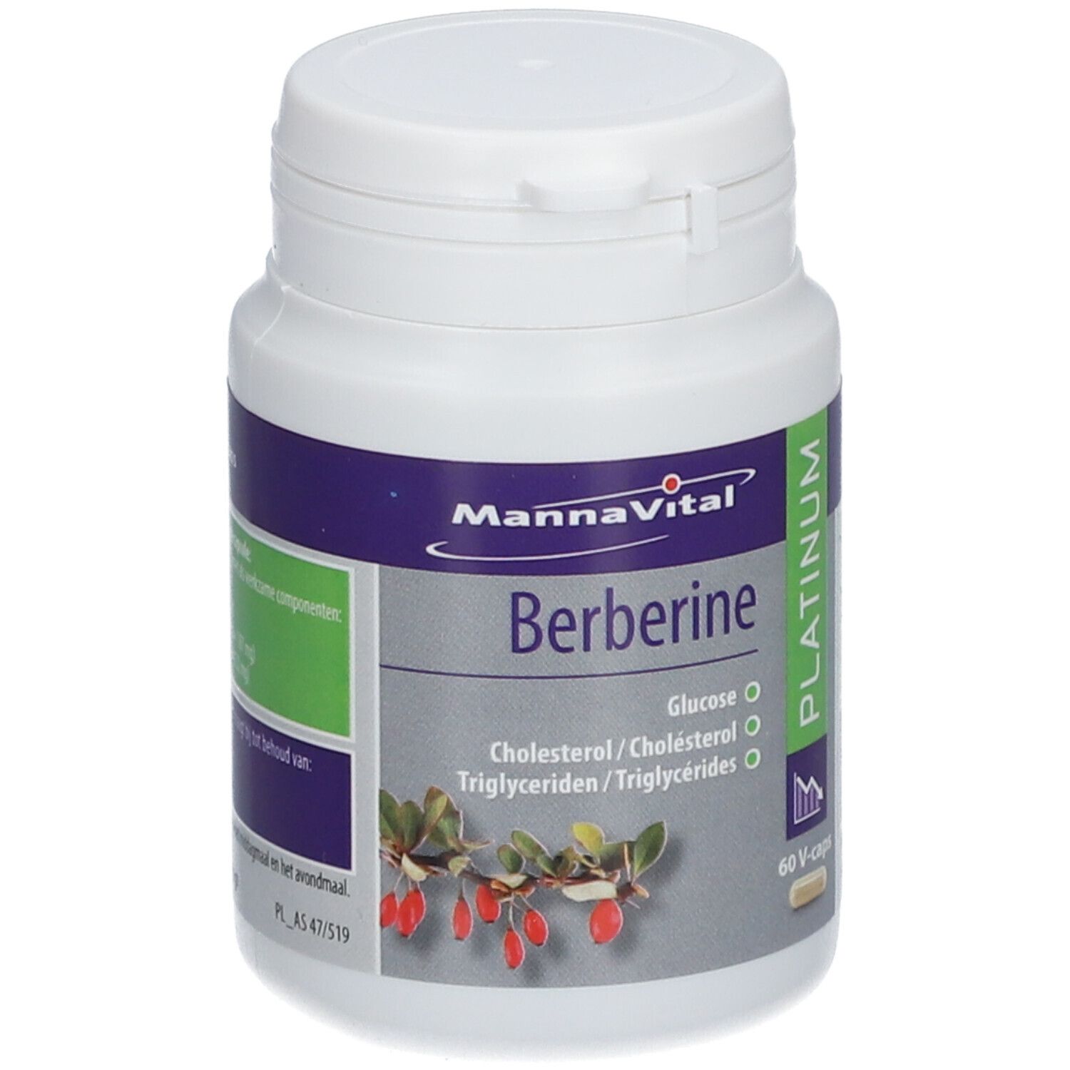 Witte fles MANNAVITAL Berberine. Opschrift: Berberine, Platinum, 60 V-caps. Groen-grijs etiket.