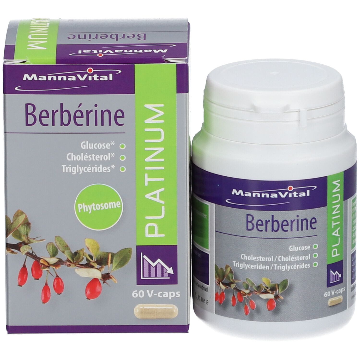 MANNAVITAL Berberine fles en doos. Opschrift: Berberine, Platinum, 60 V-caps. Groen-grijs design.