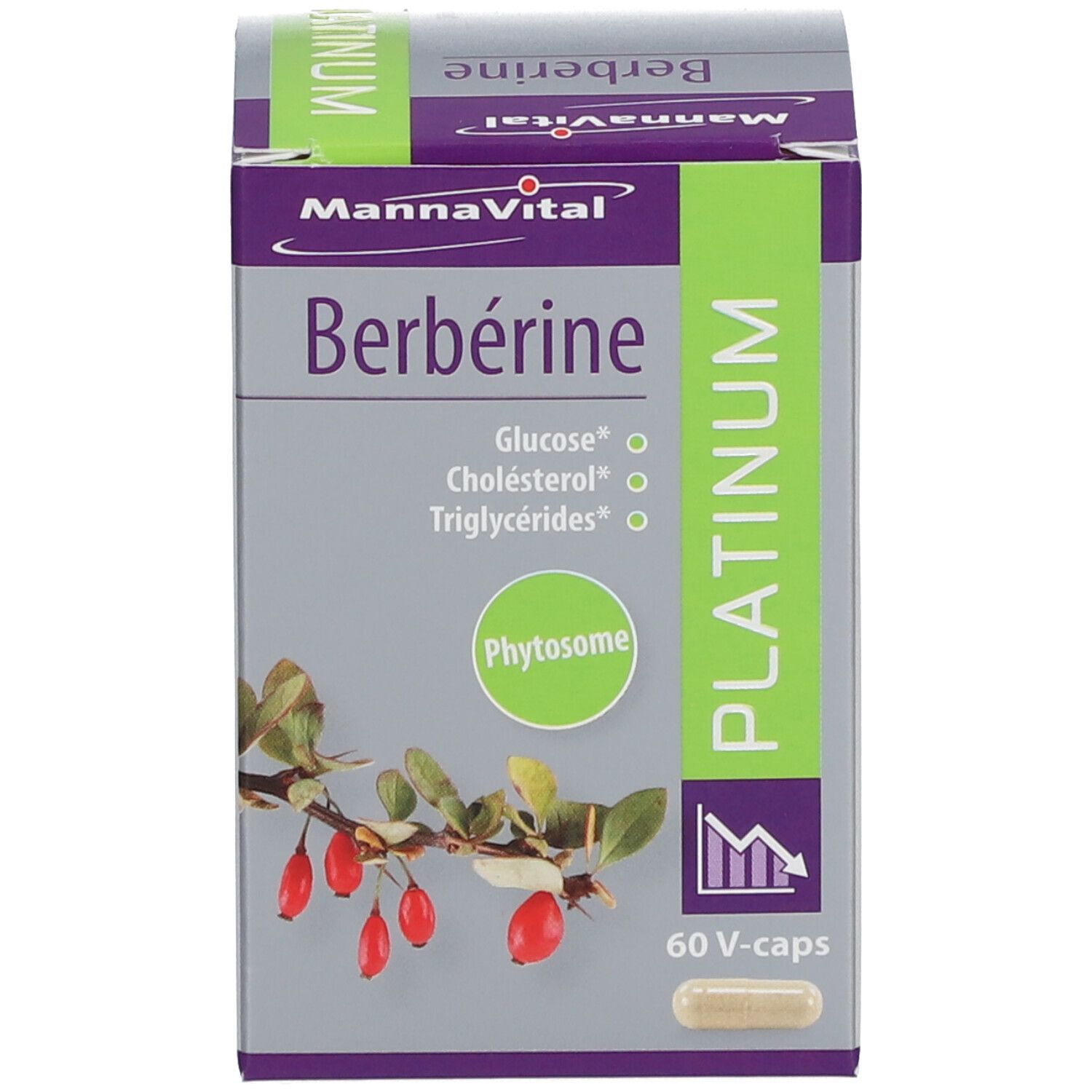 MANNAVITAL Berberine doos. Opschrift: Berberine, Platinum, 60 V-caps. Groen-grijs design.