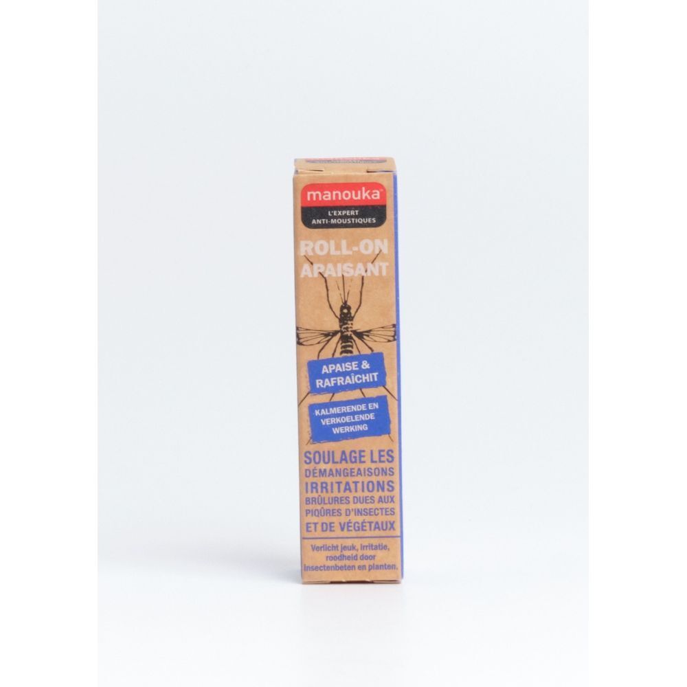 Emballage en carton. Texte: Manouka, Roll-On Apaisant. Motif: insecte. Inscription: Apaise & rafraîchit.