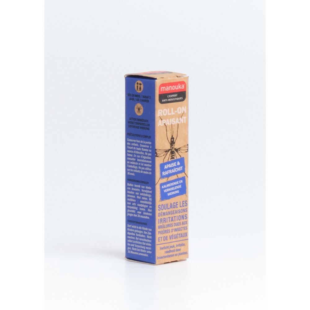 Emballage en carton. Texte: Manouka, Roll-On Apaisant. Motif: insecte. Zones de texte bleues.