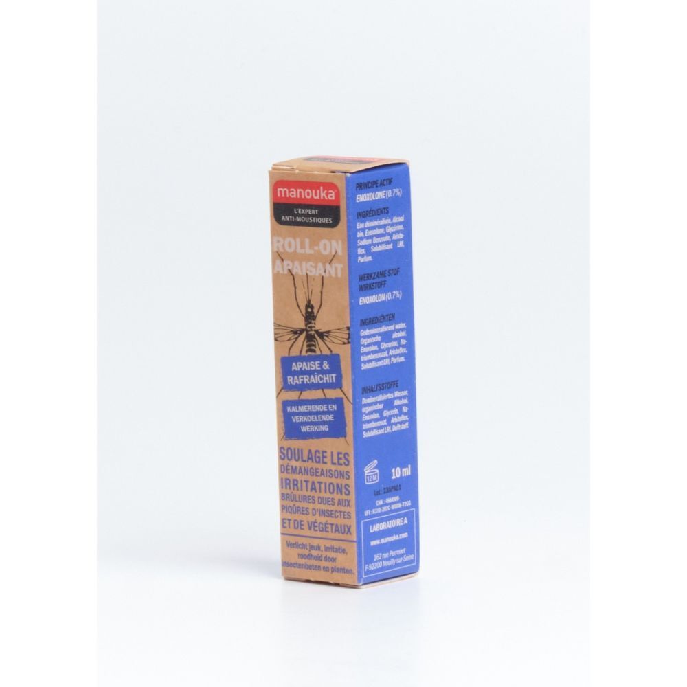 Emballage en carton. Texte: Manouka, Roll-On Apaisant. Ingrédients et volume.