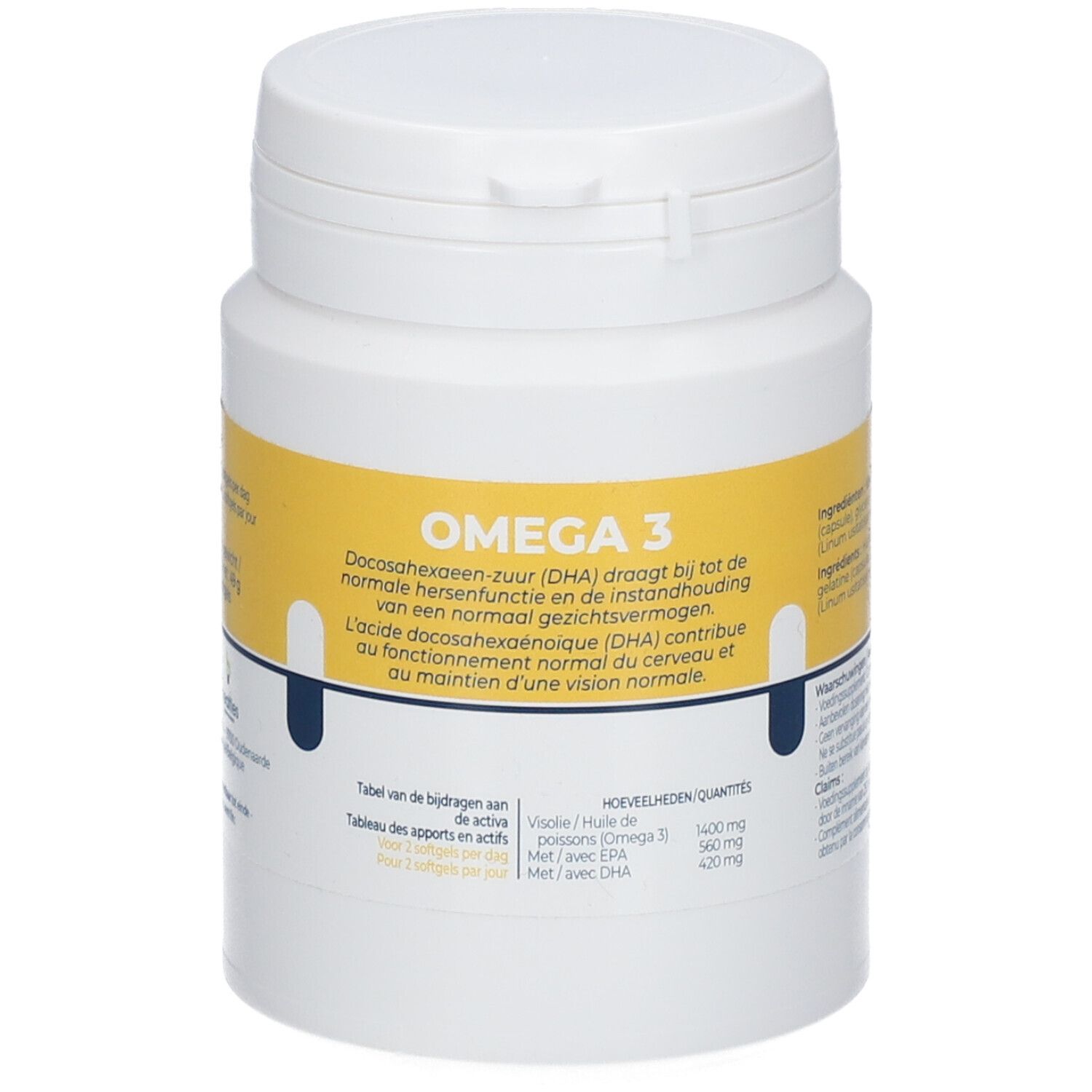 Witte pot met geel etiket. Opschrift: OMEGA 3. Bevat DHA. Tekst in het Nederlands en Frans.