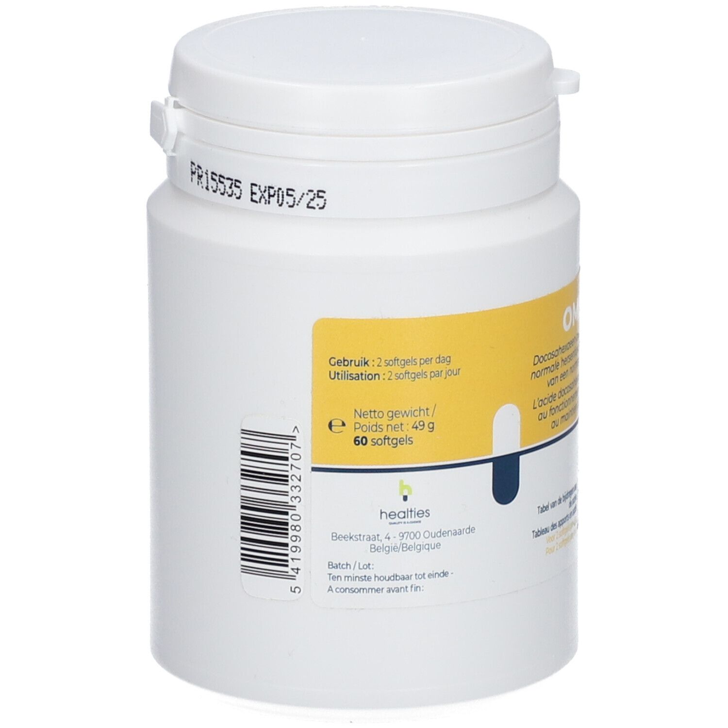Witte pot met geel etiket. Opschrift: OMEGA 3. Bevat 60 softgels. Ten minste houdbaar tot: 05/25. Barcode.