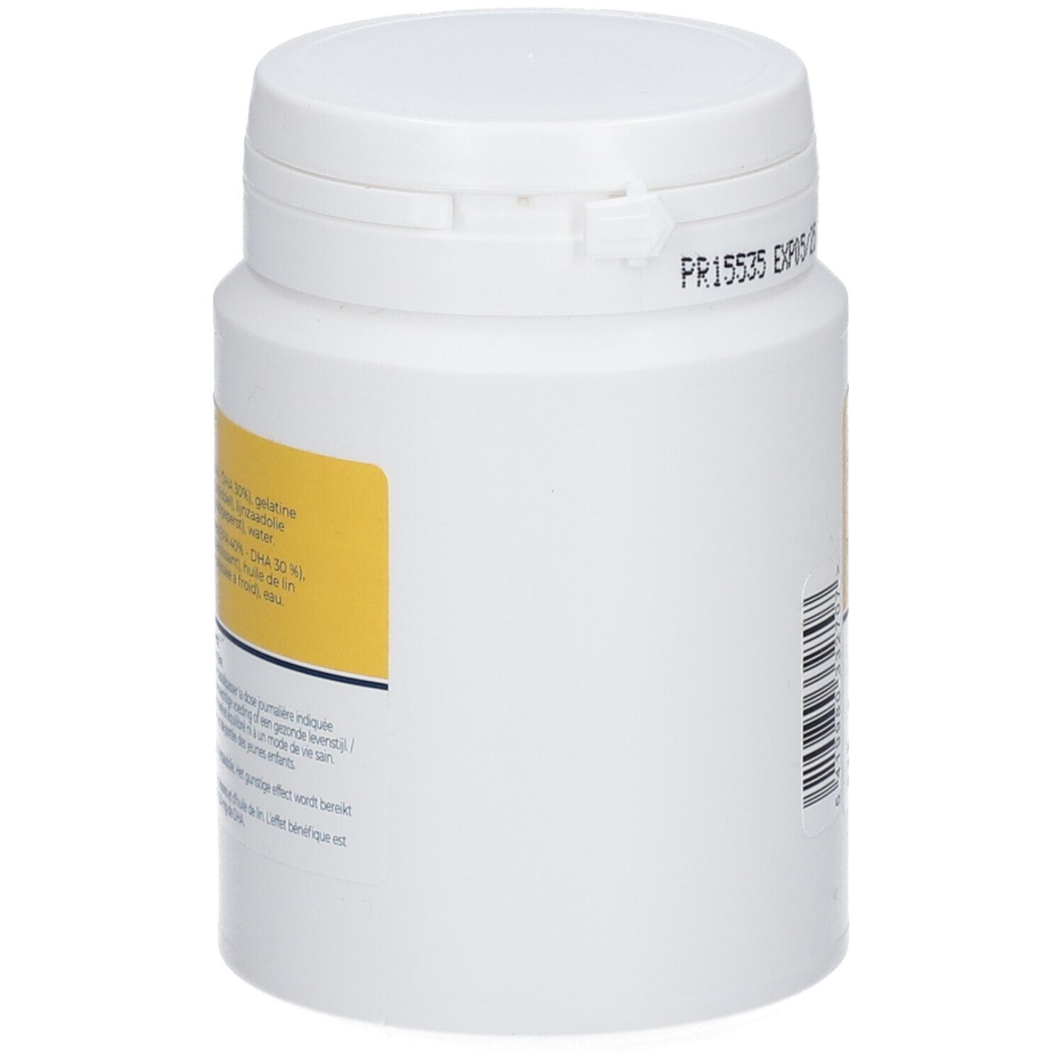 Witte pot met geel etiket. Opschrift: OMEGA 3. Ten minste houdbaar tot: 05/25. Achterkant met tekst.