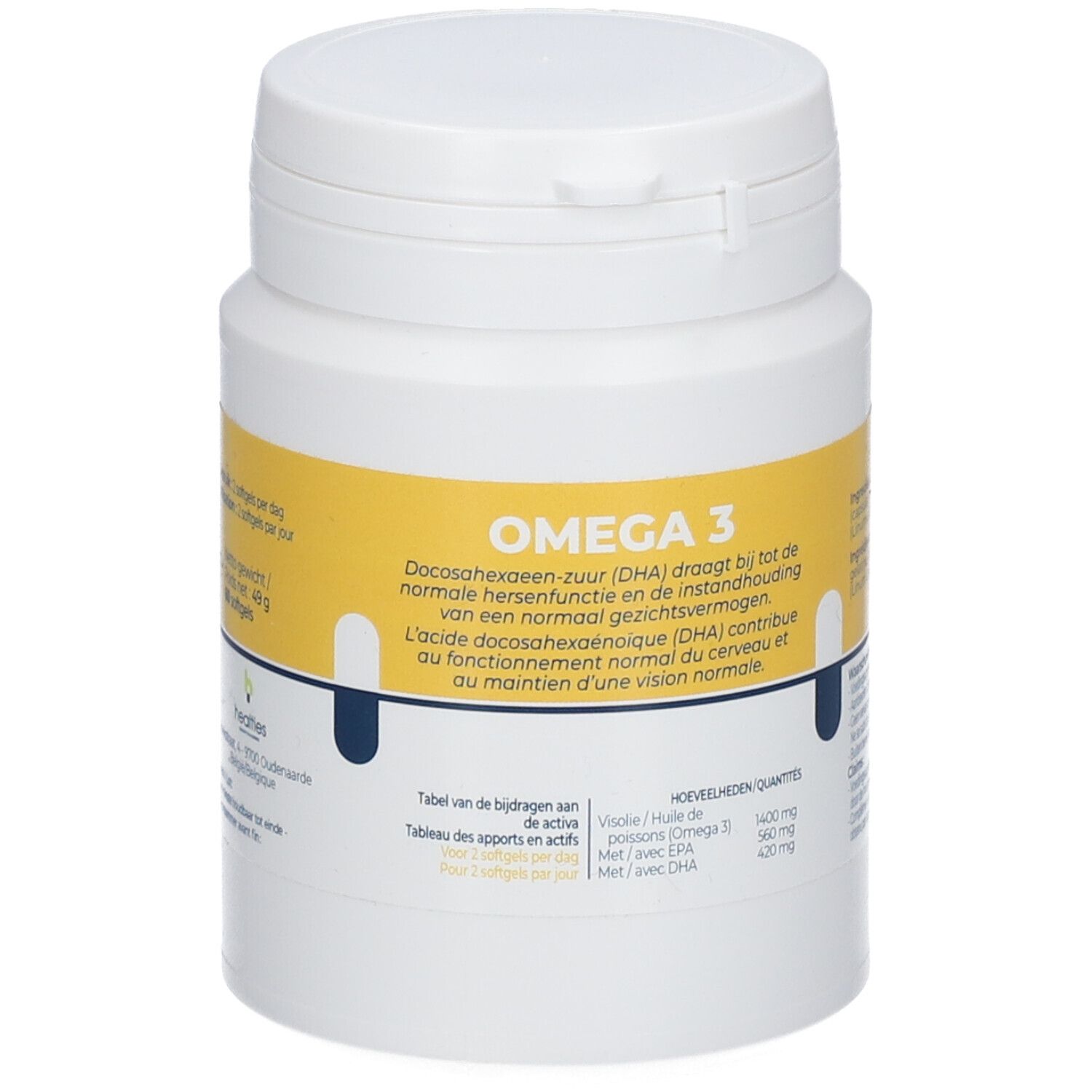 Witte pot met geel etiket. Opschrift: OMEGA 3. Bevat DHA. Tekst in het Nederlands en Frans.