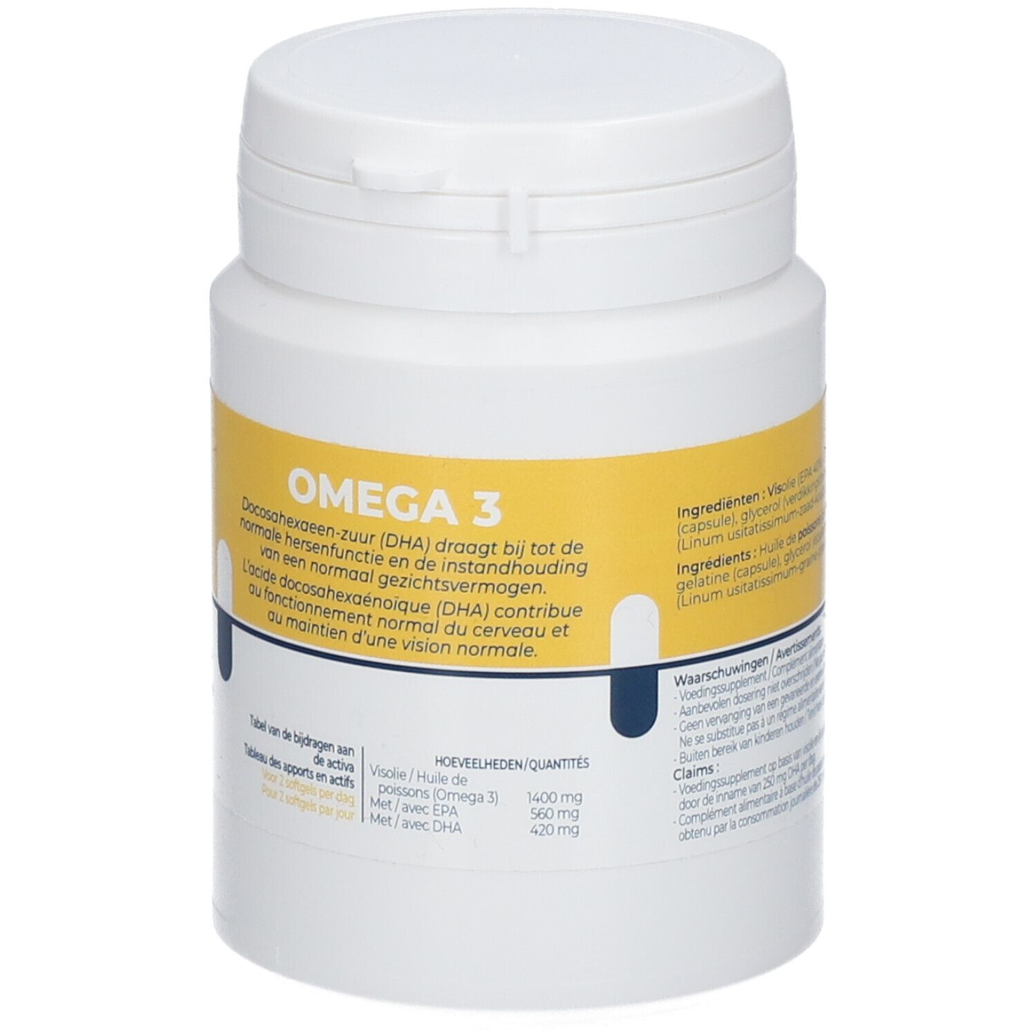 Witte pot met geel etiket. Opschrift: OMEGA 3. Bevat DHA. Tekst in het Nederlands en Frans. Ingrediënten.