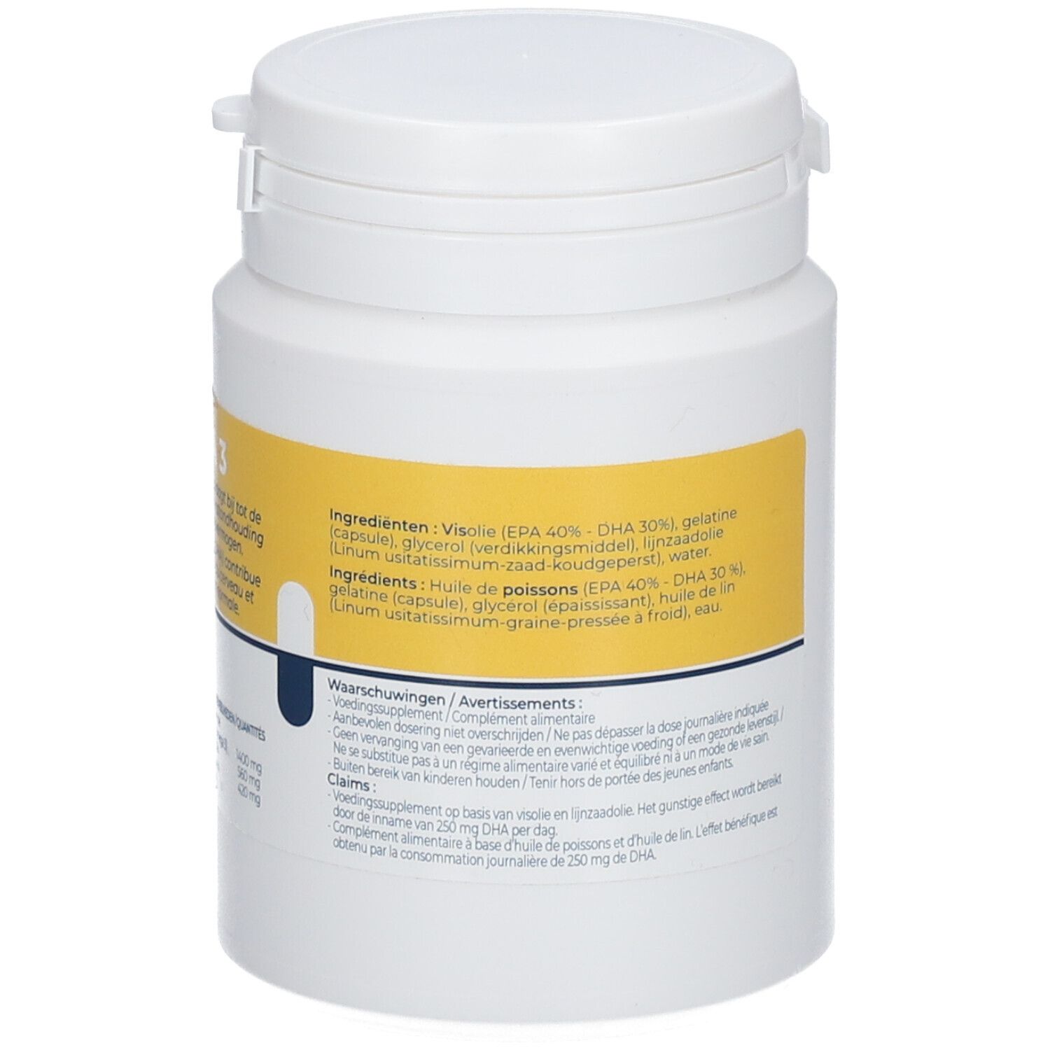 Witte pot met geel etiket. Opschrift: OMEGA 3. Bevat DHA. Ingrediënten en waarschuwingen. Tekst in het Nederlands en Frans.