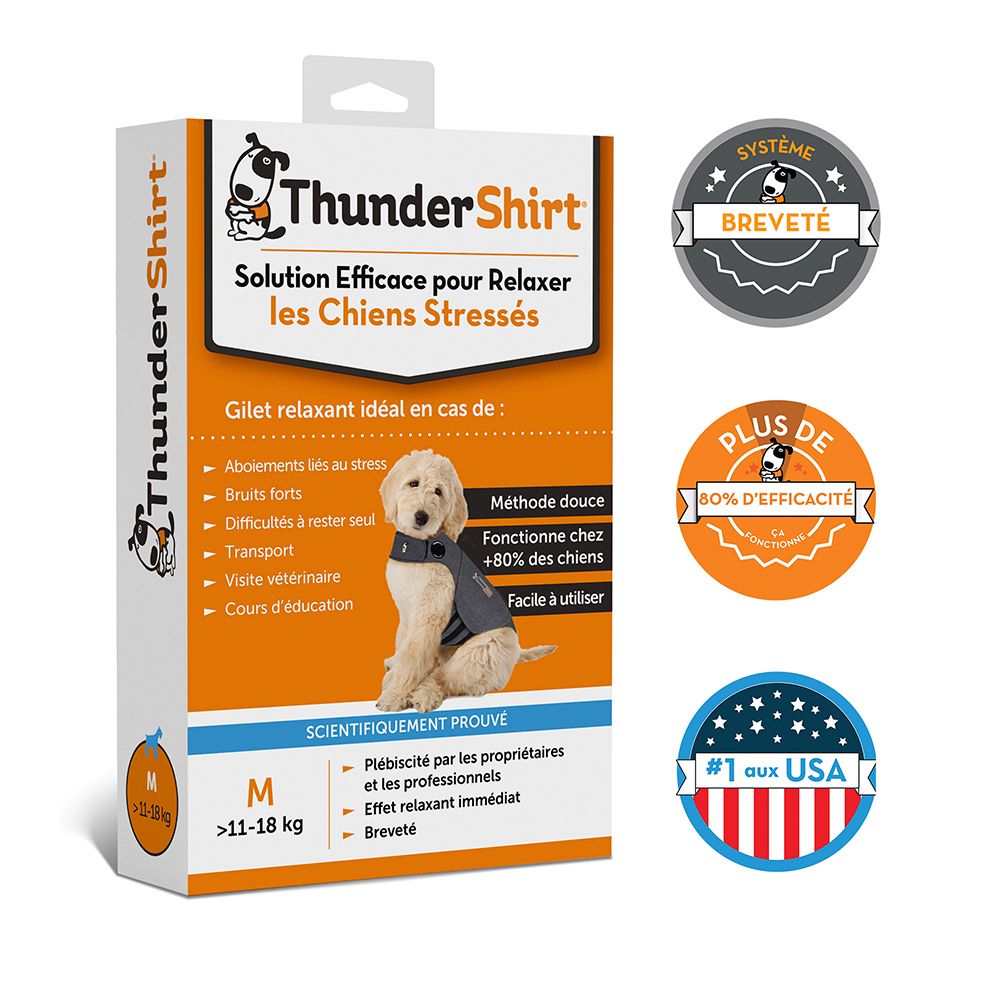 Produktverpackung mit Logos und Text. Enthält ein Bild eines Hundes mit Shirt.