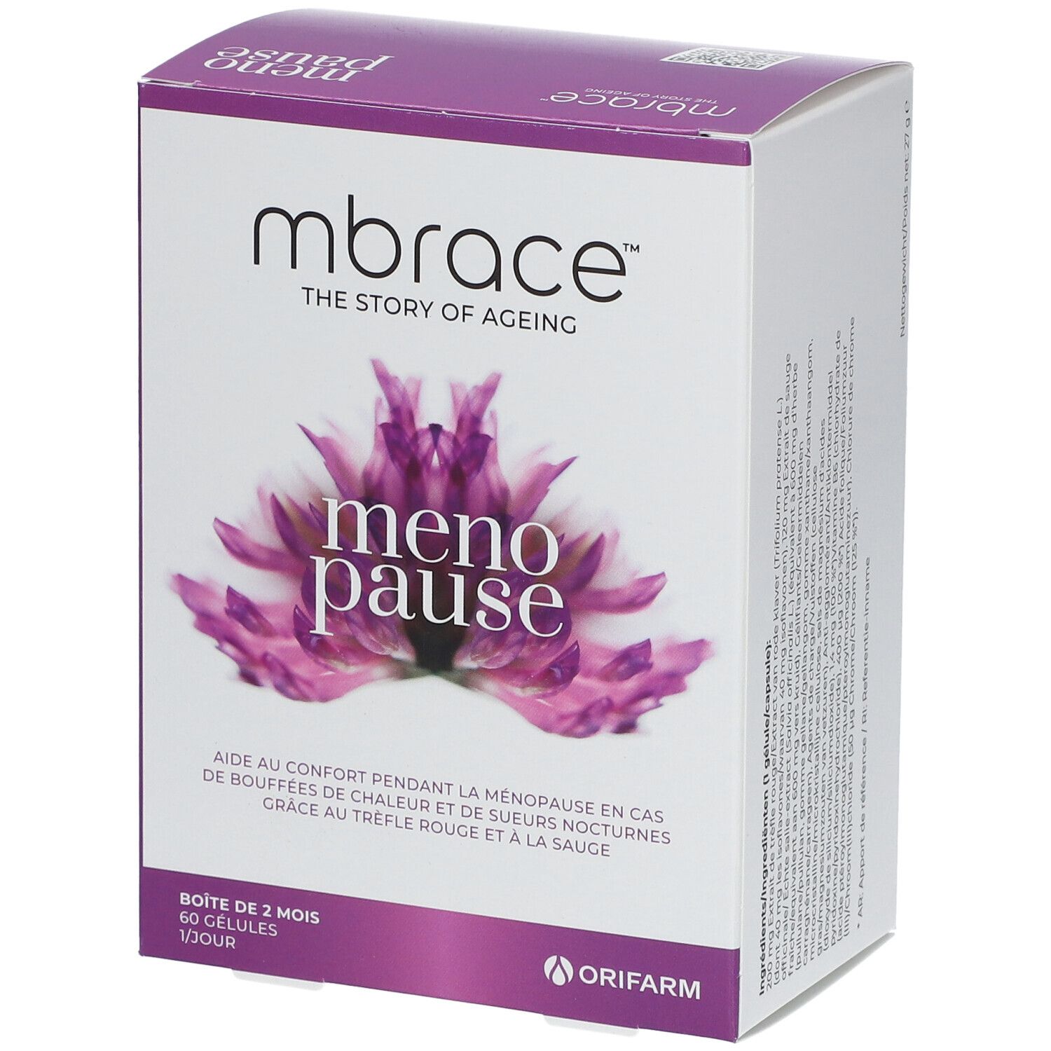 Boîte mbrace™ menopause. Boîte blanche et violette avec nom du produit et motif floral. Contient 60 gélules.