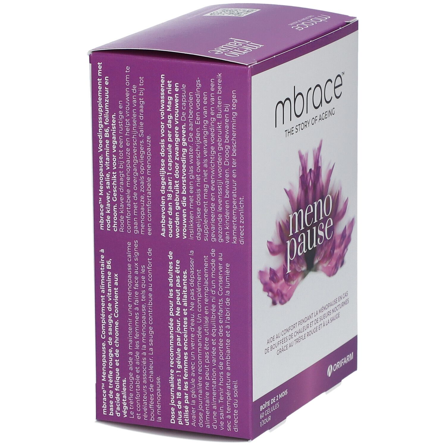 Boîte mbrace™ menopause. Boîte blanche et violette avec nom du produit et motif floral. Contient 60 gélules.