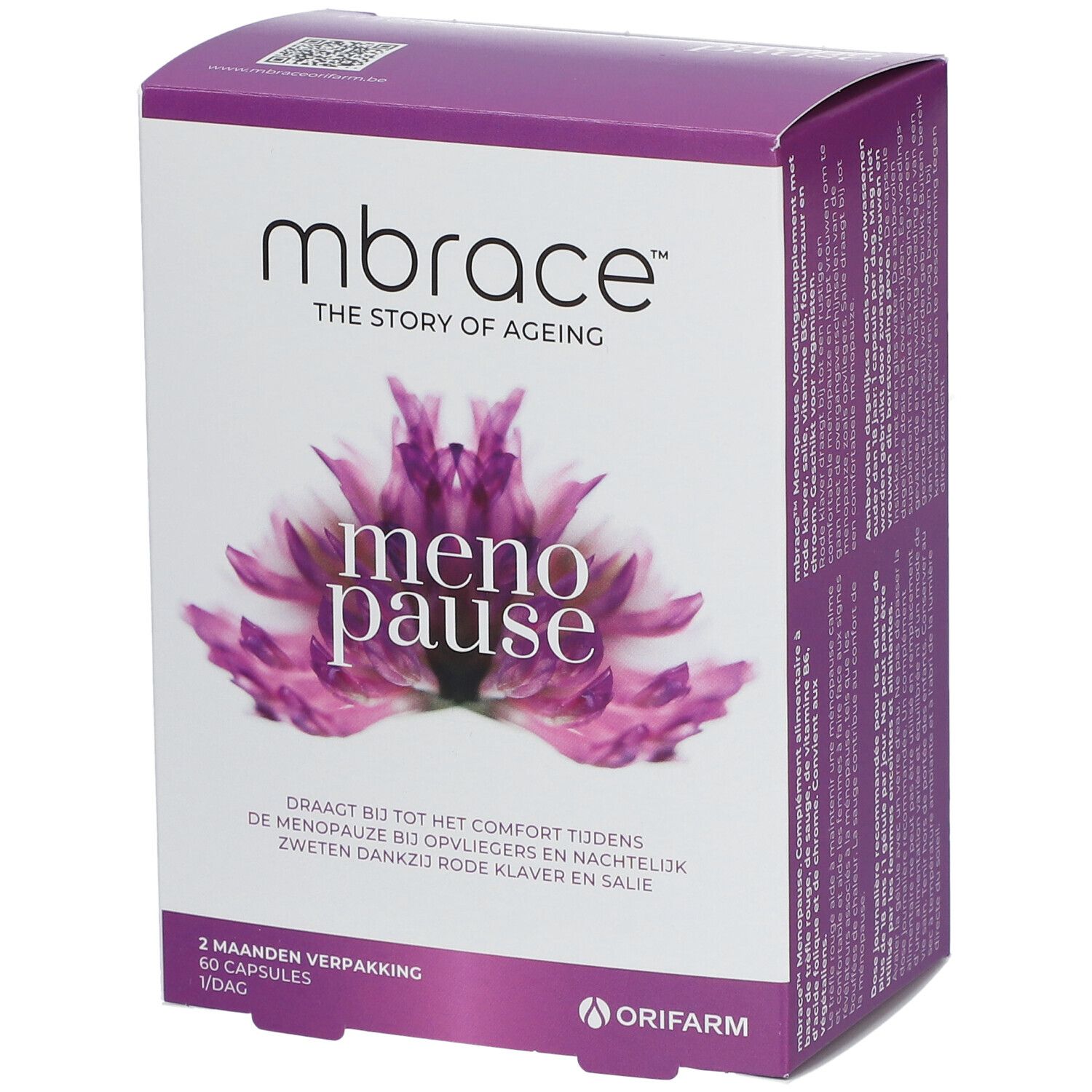 Boîte mbrace™ menopause. Boîte blanche et violette avec nom du produit et motif floral. Contient 60 gélules.