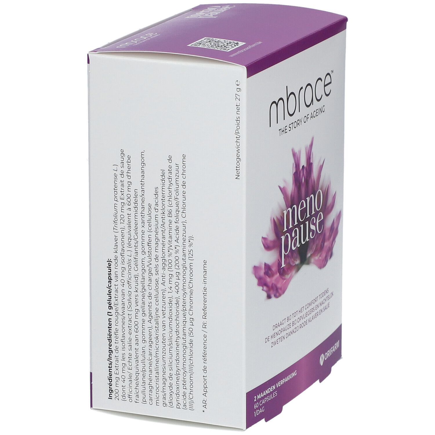 Boîte mbrace™ menopause. Boîte blanche et violette avec nom du produit et motif floral. Contient 60 gélules.