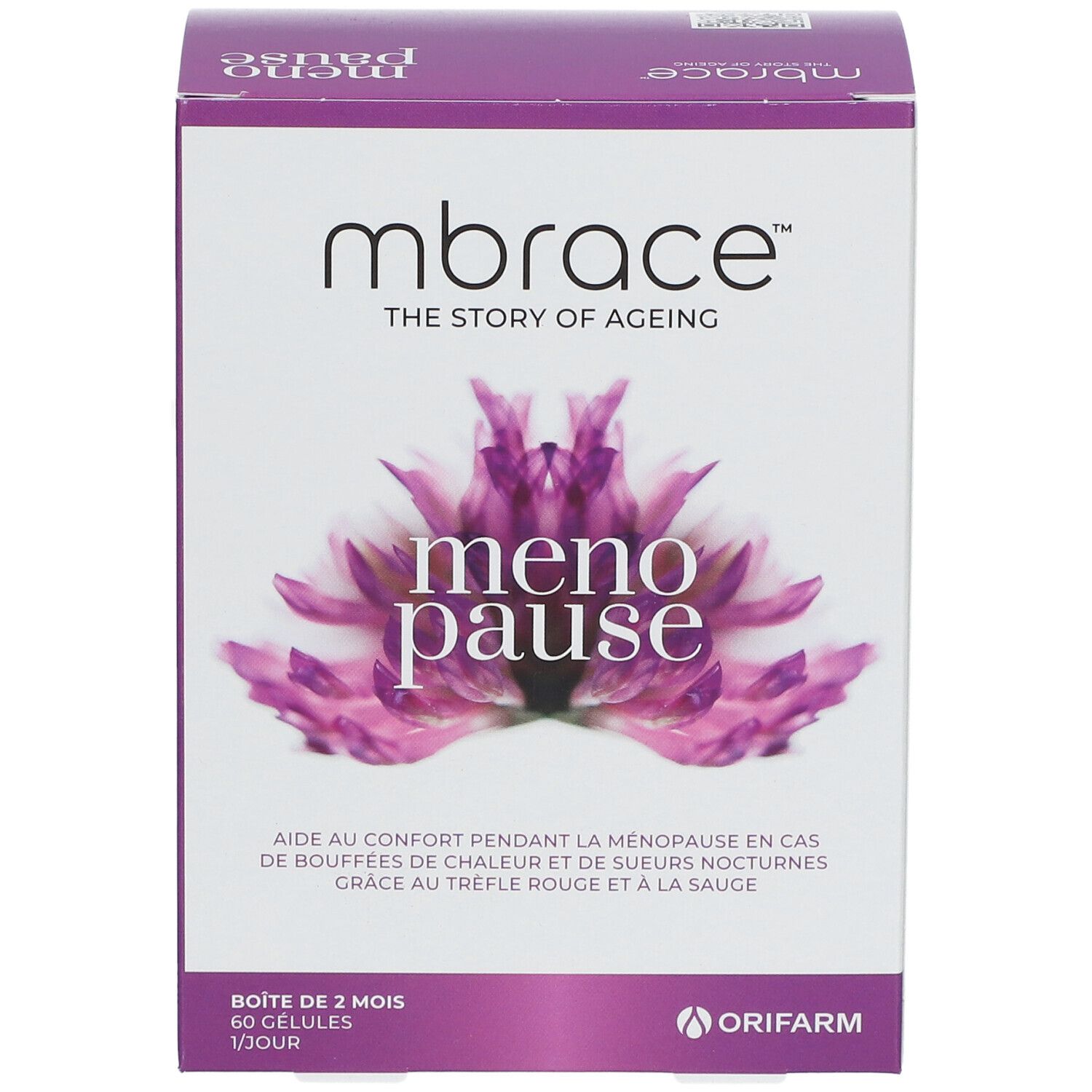 Boîte mbrace™ menopause. Boîte blanche et violette avec nom du produit et motif floral. Contient 60 gélules.