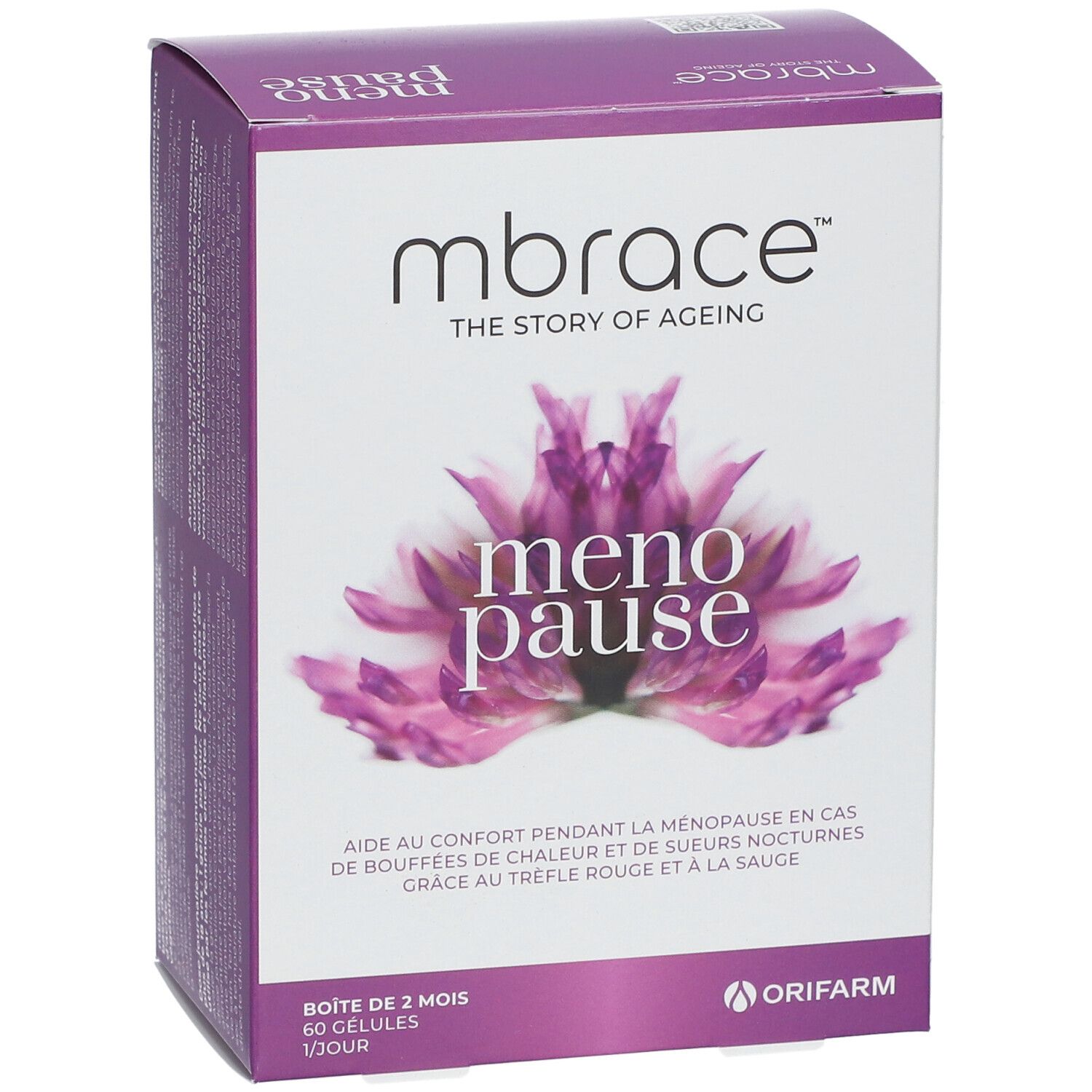Boîte mbrace™ menopause. Boîte blanche et violette avec nom du produit et motif floral. Contient 60 gélules.