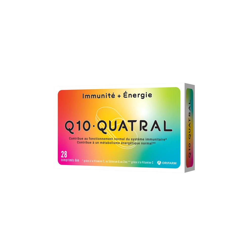 Boîte de Q10 Quatral, 28 comprimés. Inscription: Immunité + Énergie. Marque: Orifarm.